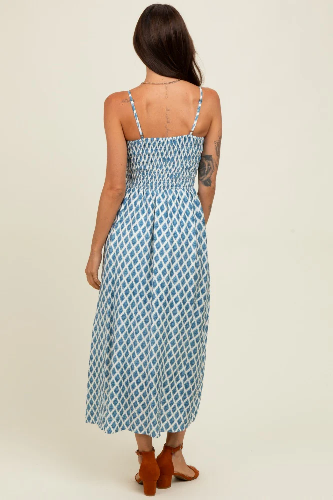 Blue Diamond Print Smocked Midi Dress - Image 4