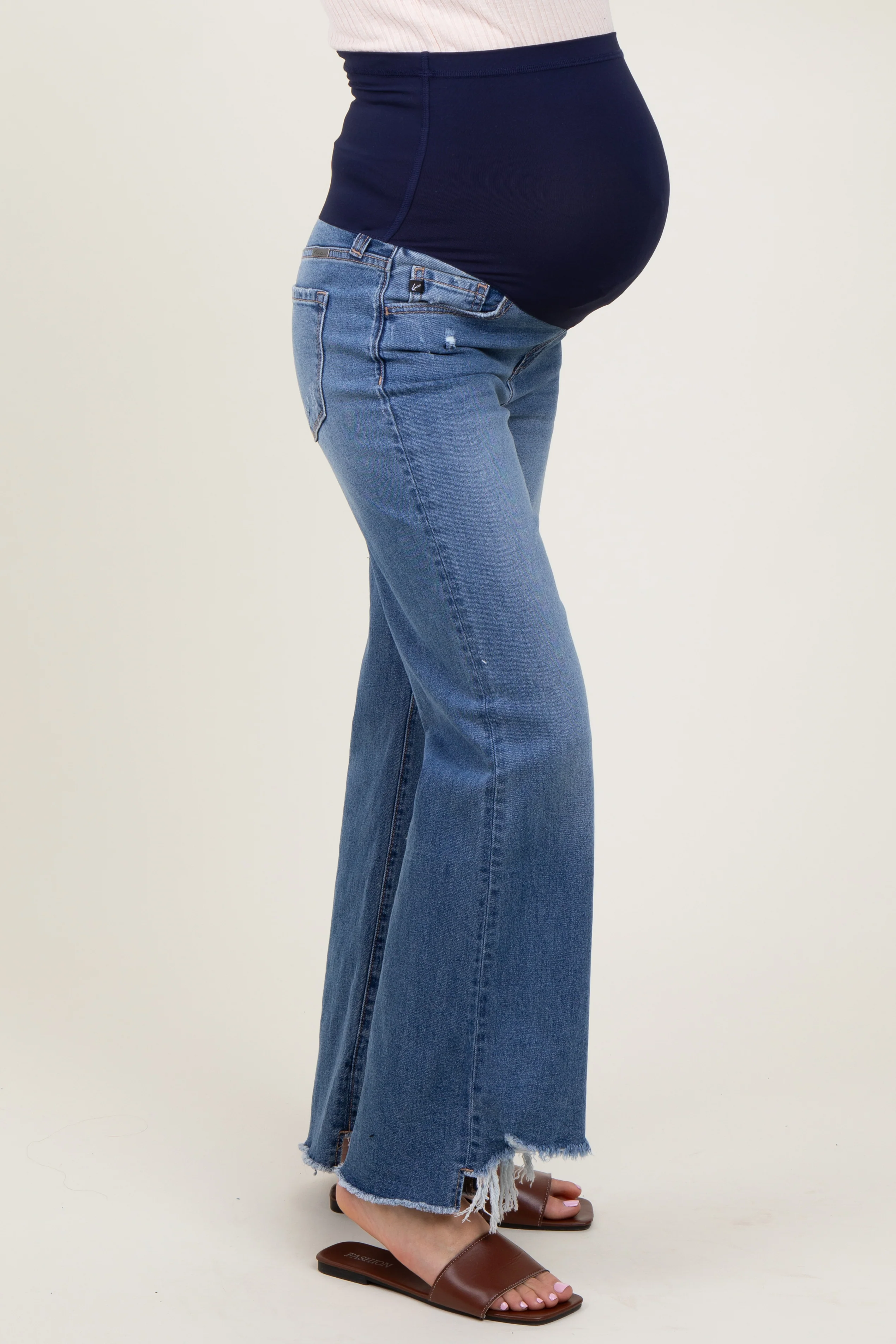 Blue Distressed Fringe Hi-Lo Hem Cropped Flare Maternity Jeans - Image 4