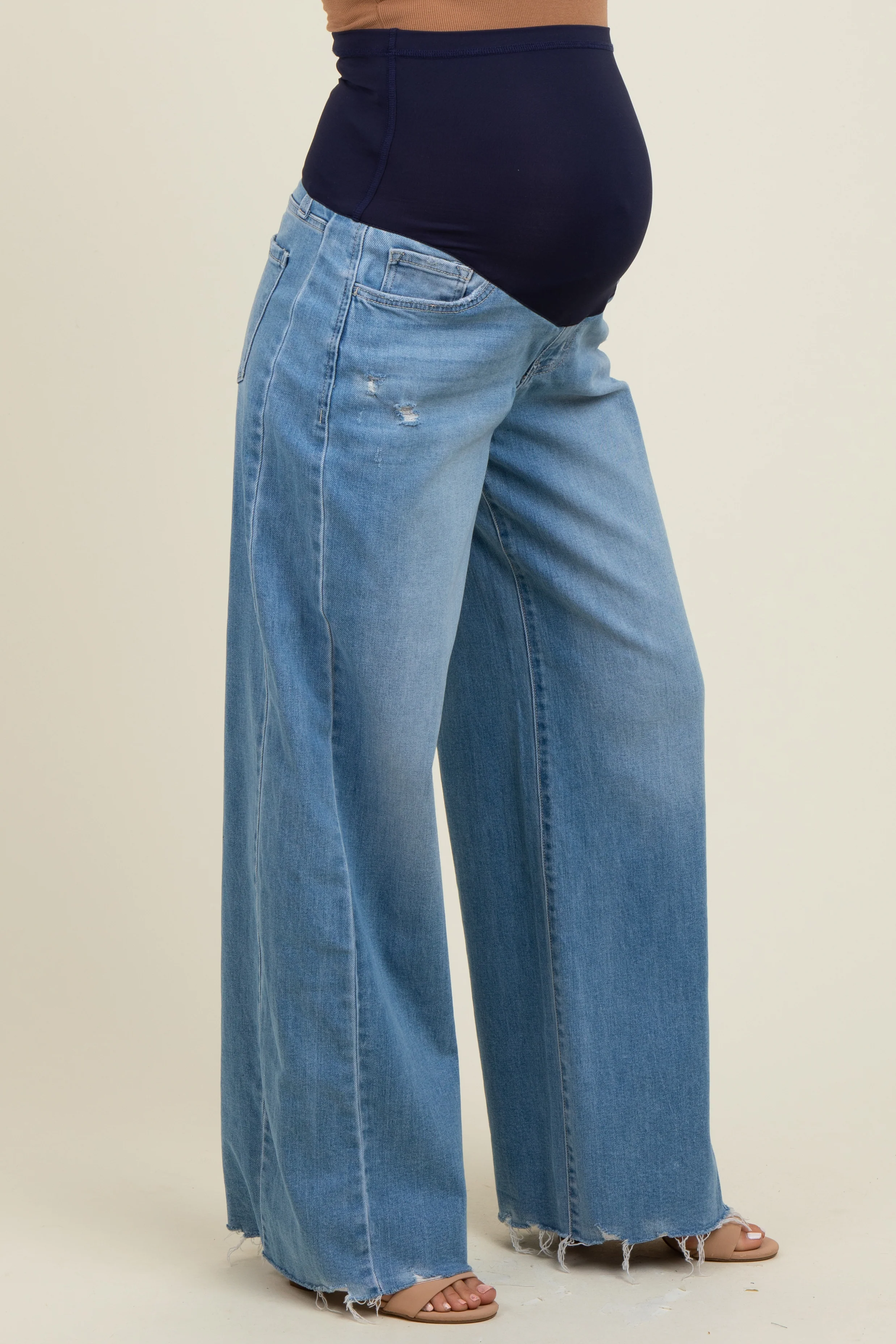 Blue Distressed Hem Super Wide Leg Maternity Jeans - Image 4