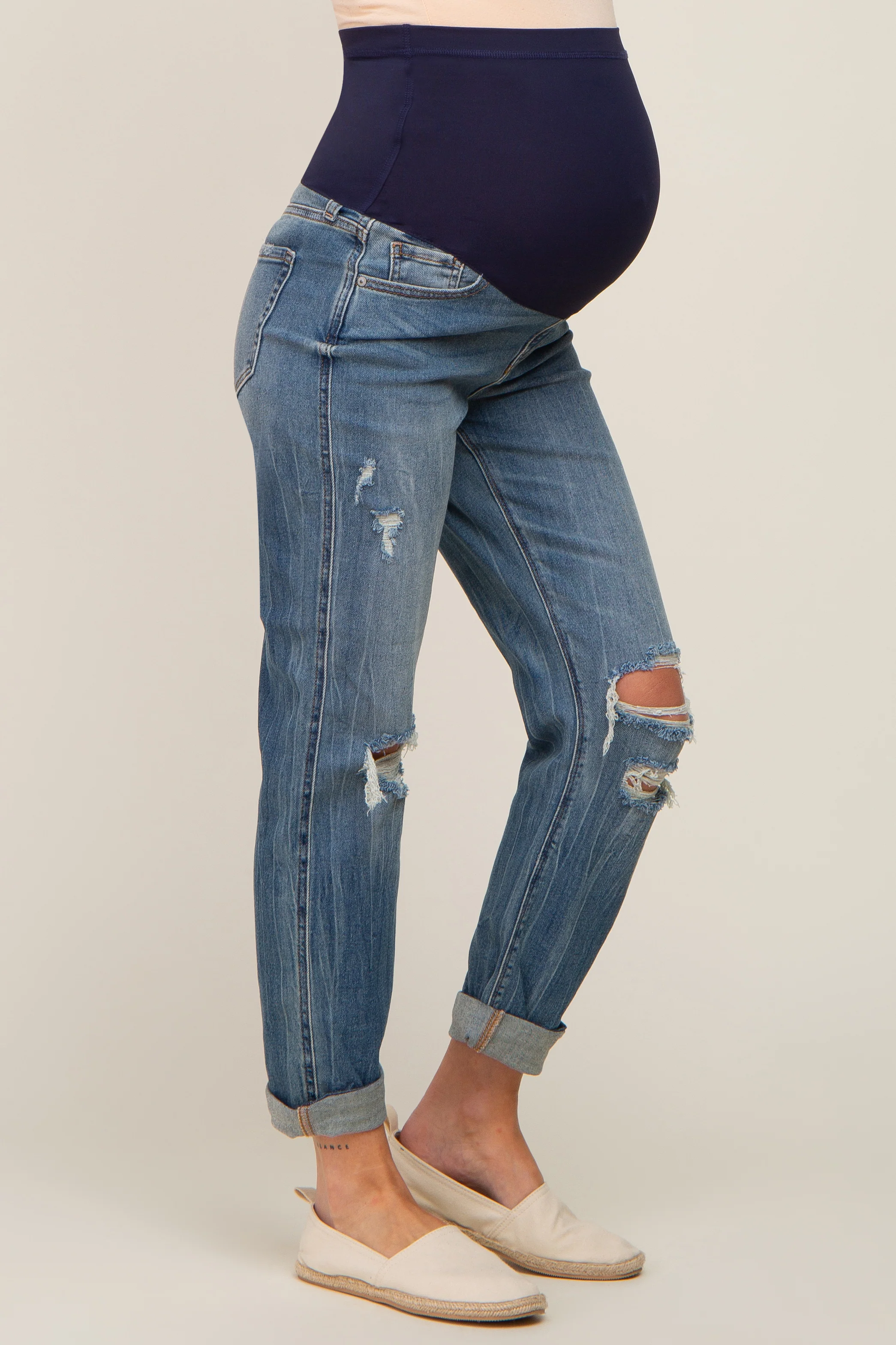 Blue Distressed Knee Rolled Hem Maternity Straight Leg Jeans - Image 5
