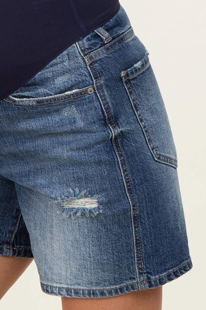 Blue Distressed Maternity Midi Denim Short - Image 6