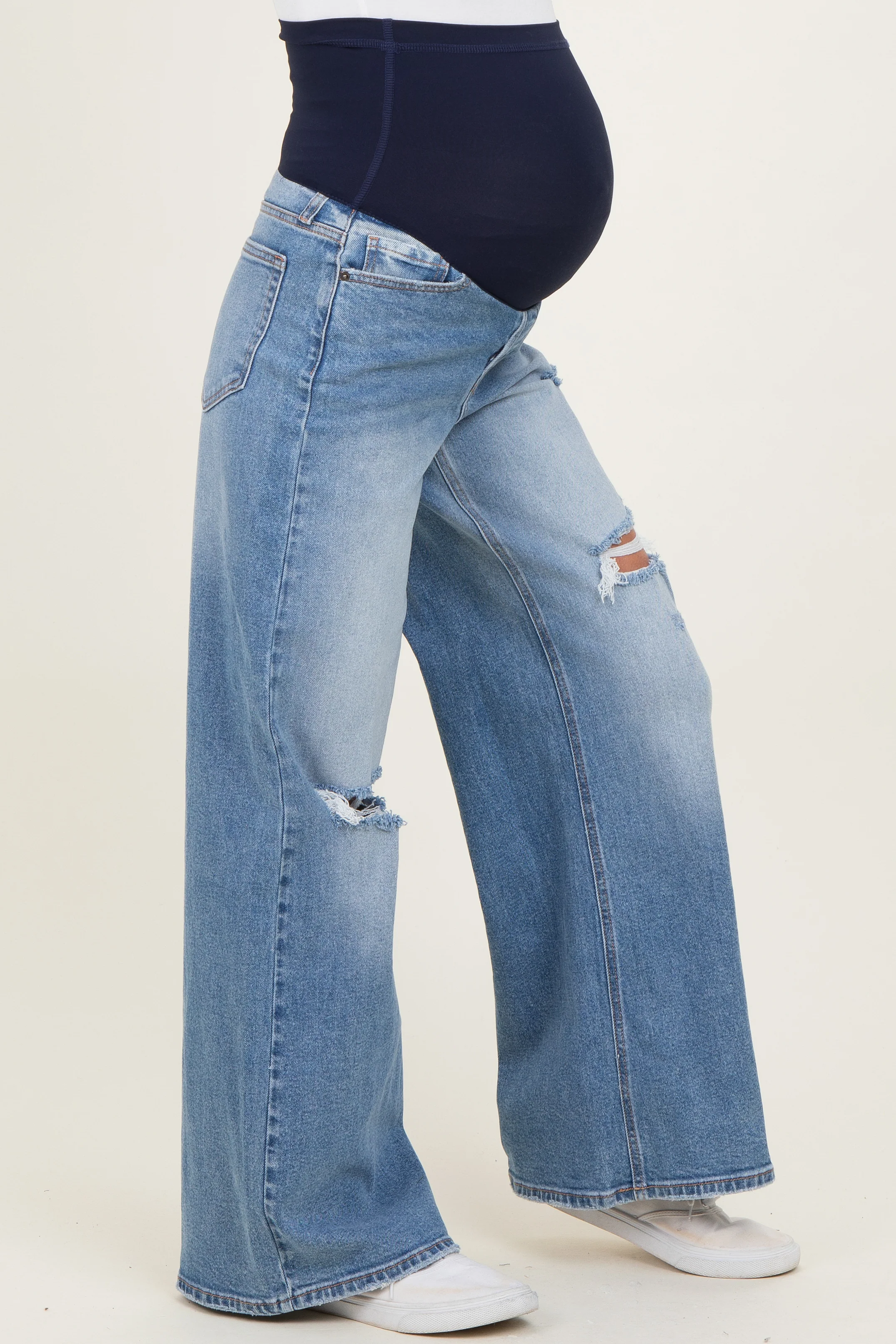 Blue Distressed Open Knee Baggy Wide Leg Maternity Jeans - Image 4