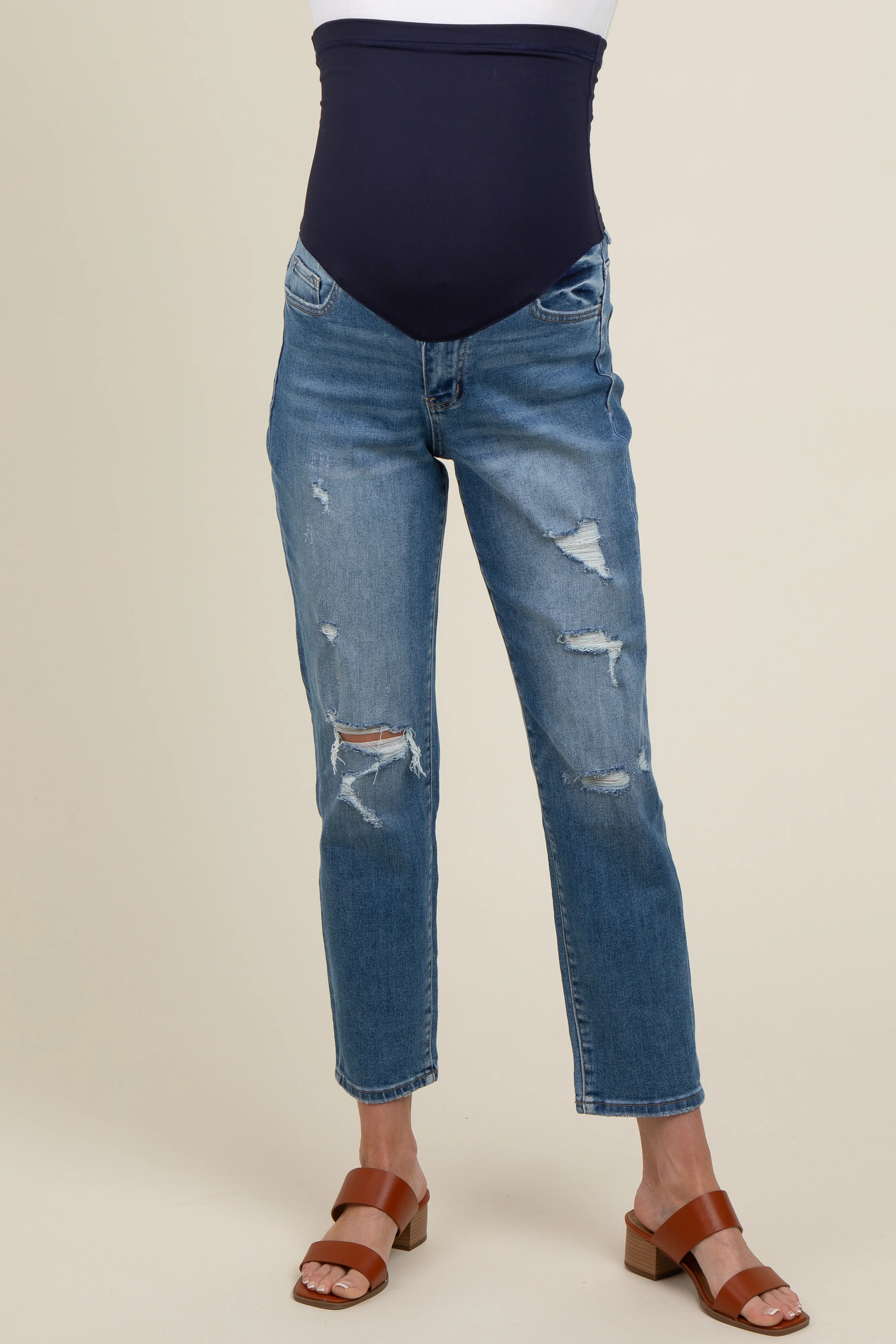 Blue Distressed Open Knee Cropped Straight Leg Maternity Jeans - Image 2