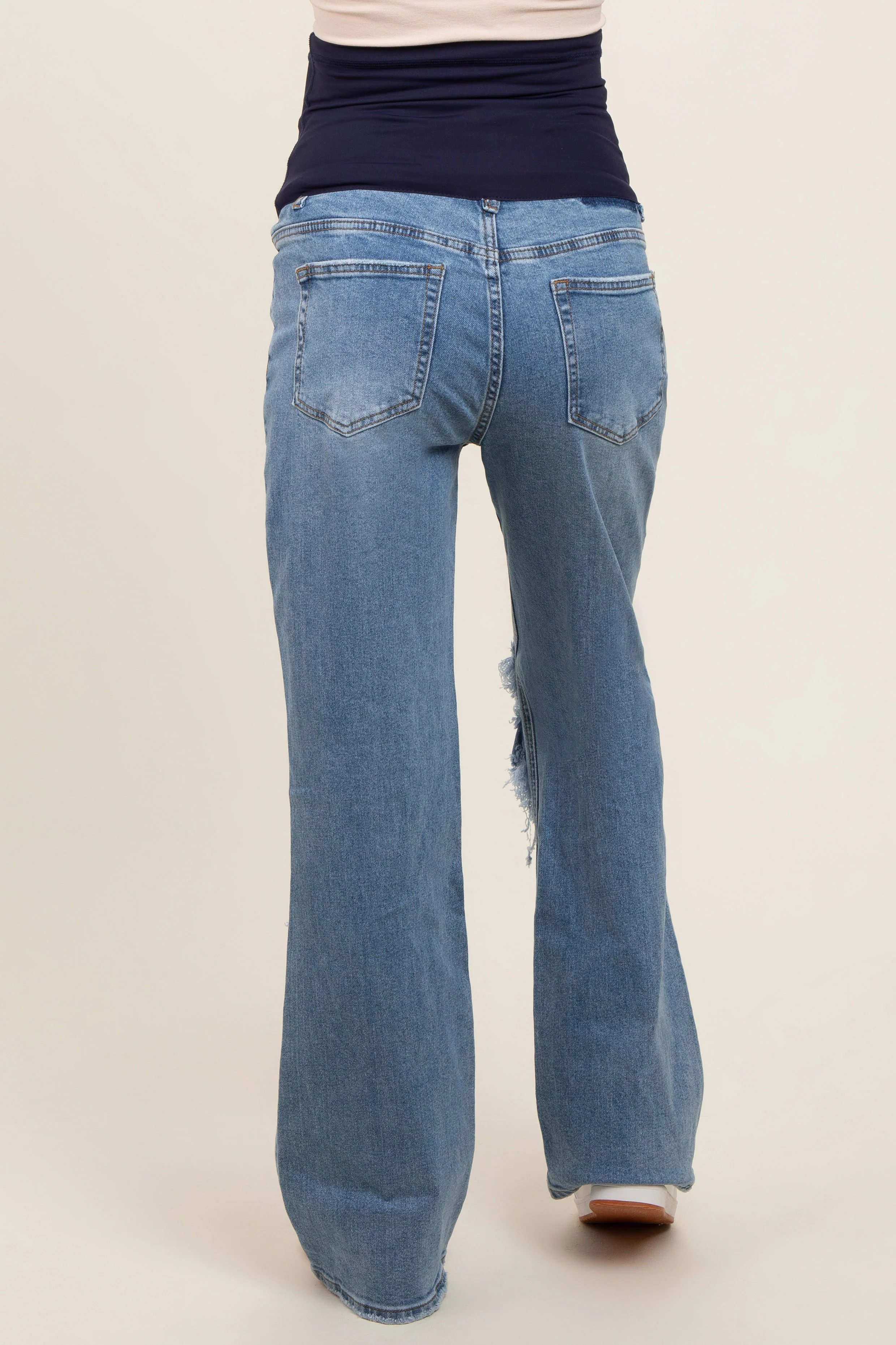 Blue Distressed Open Knee Maternity Wide Leg Jeans - Image 4