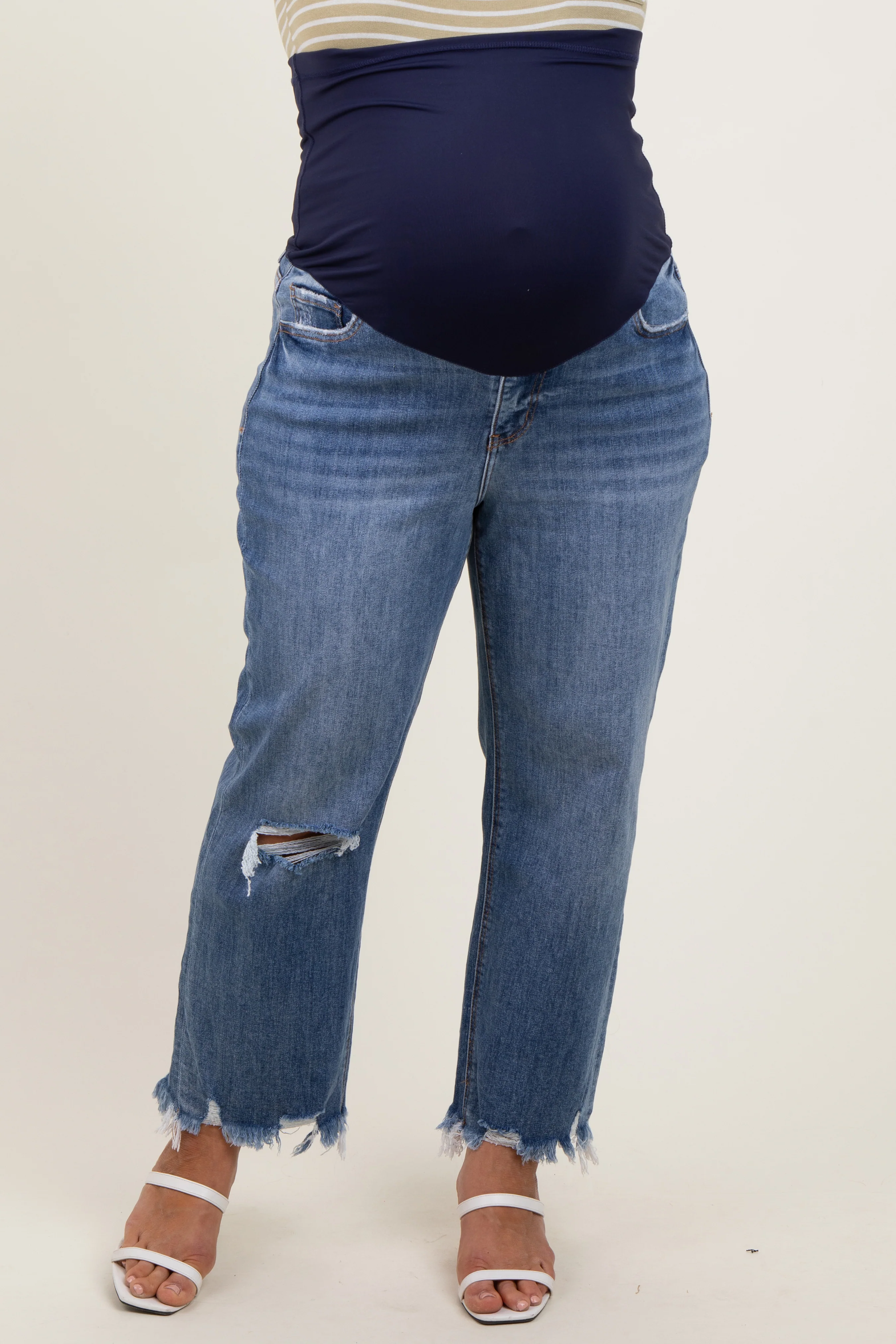 Blue Distressed Open Knee Relaxed Straight Leg Maternity Plus Jeans - Image 2