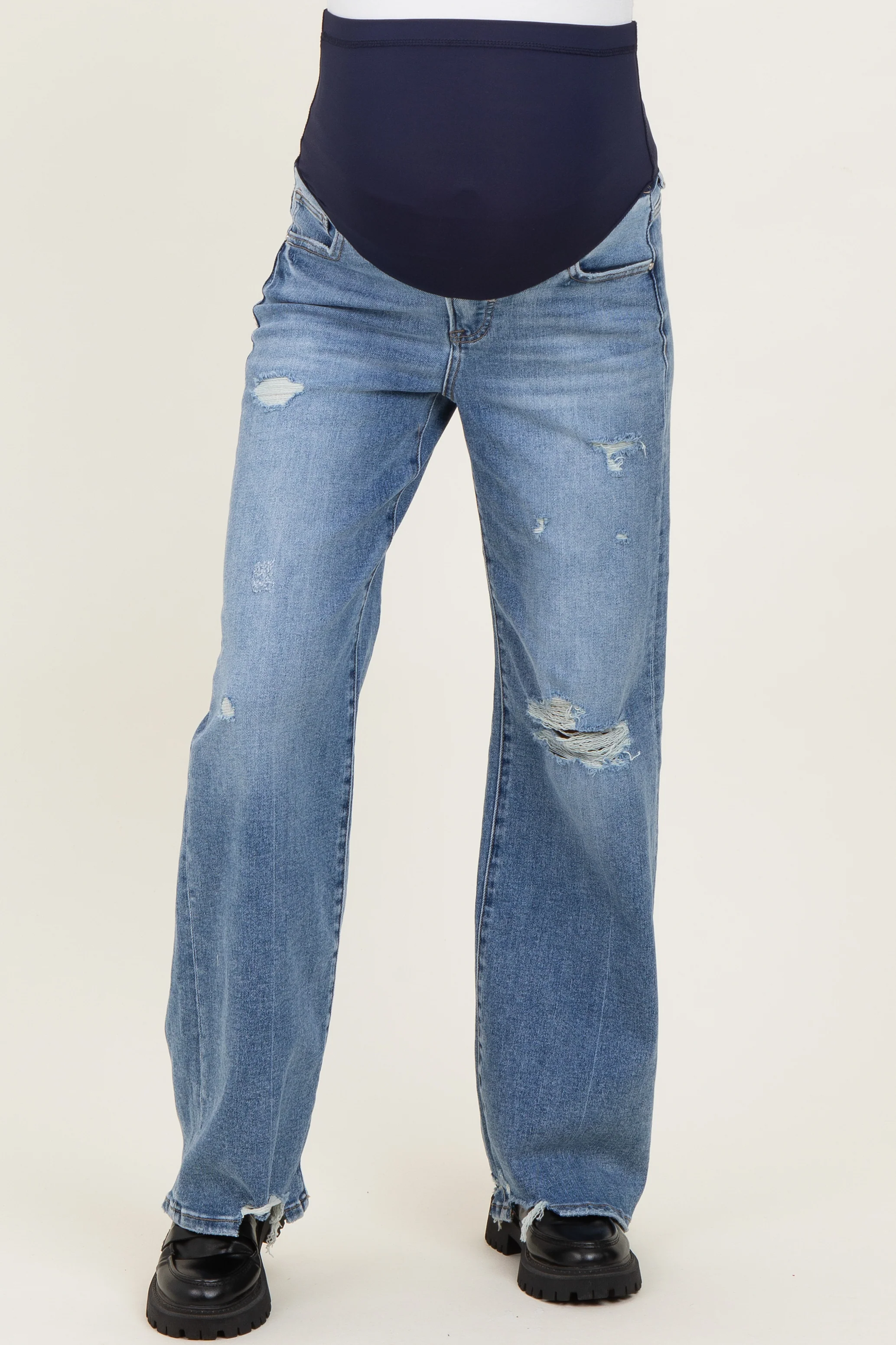 Blue Distressed Open Knee Wide Leg Maternity Jeans - Image 3