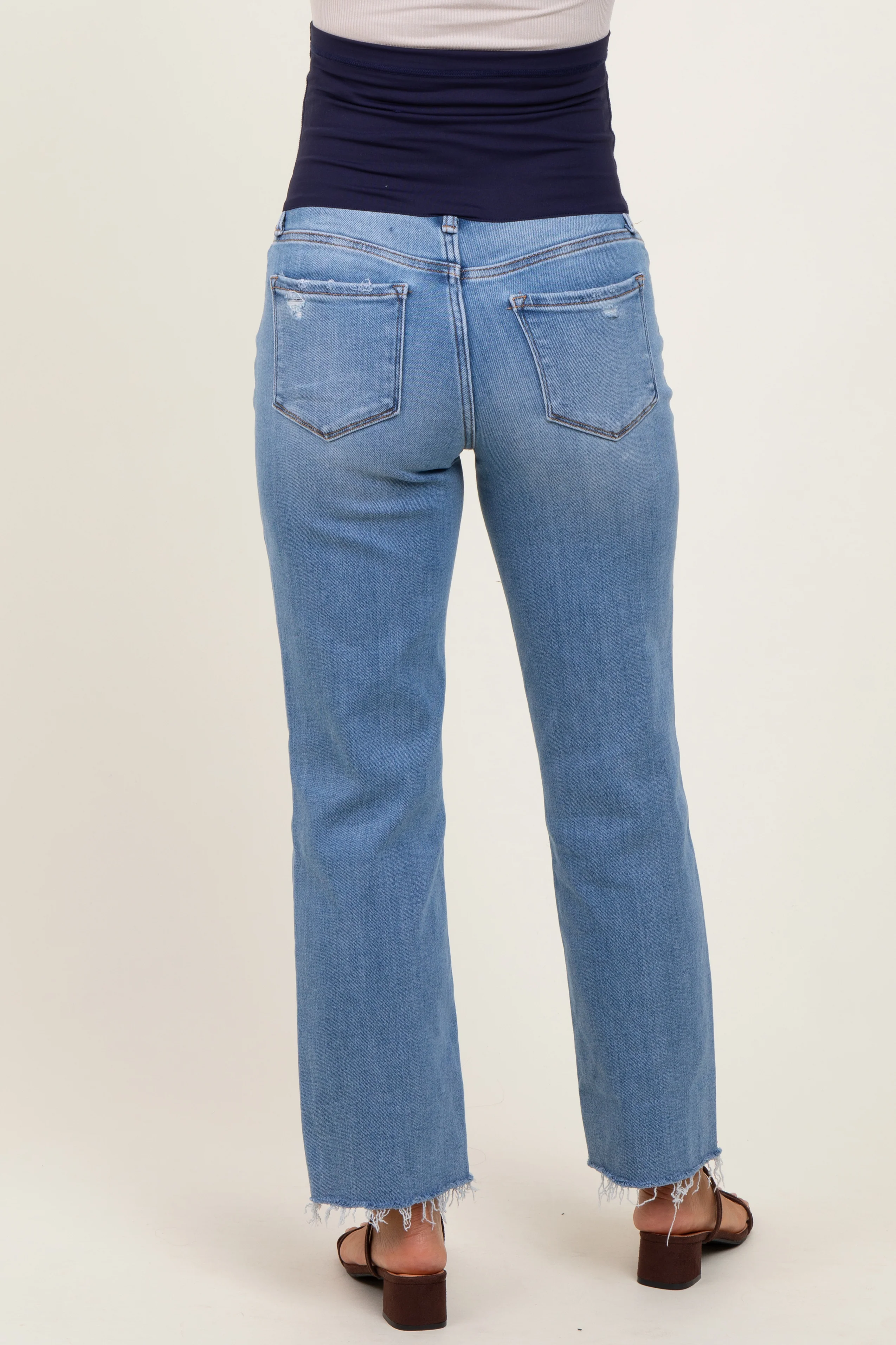 Blue Distressed Raw Hem Maternity Straight Leg Ankle Jeans - Image 5