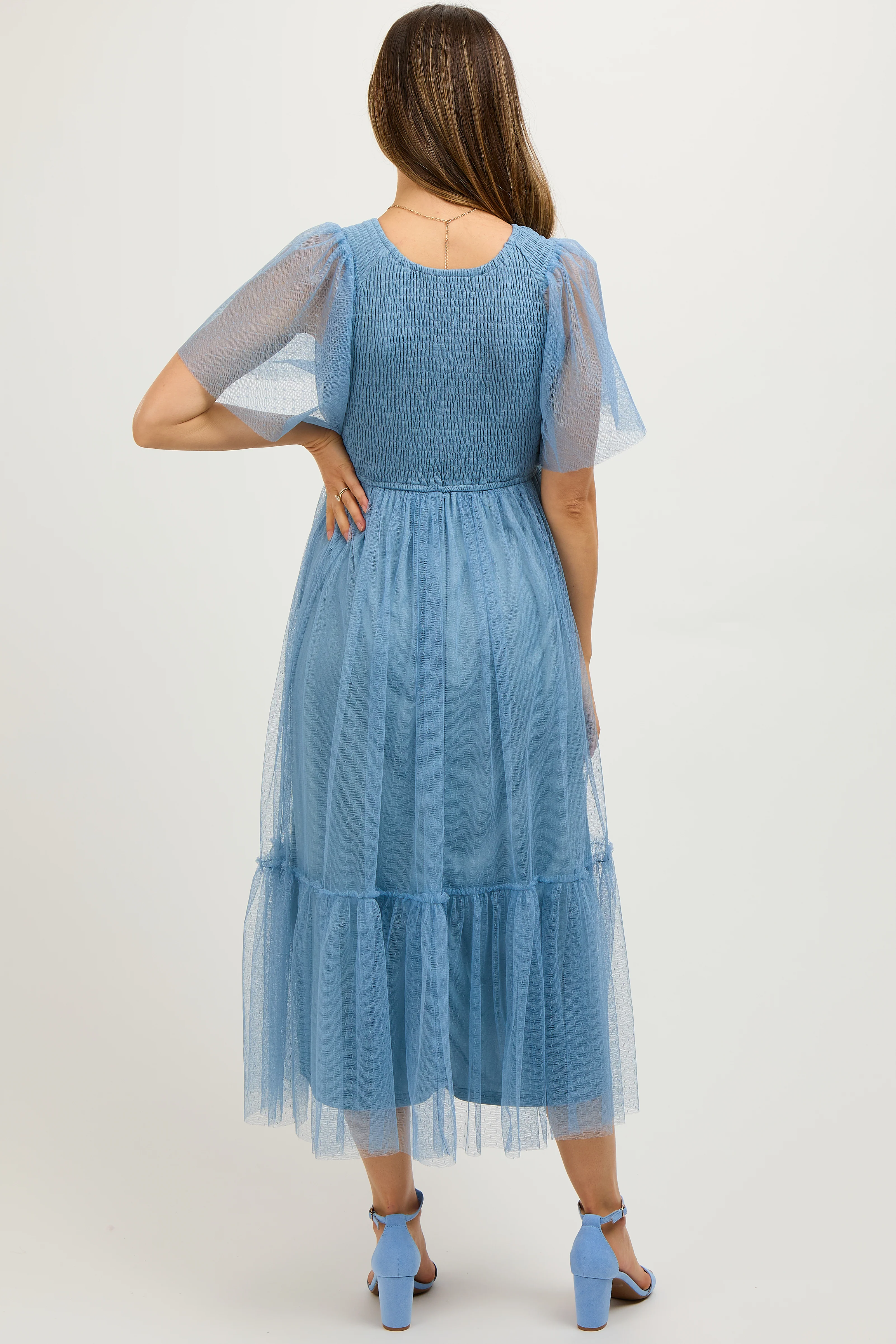 Blue Dotted Tulle Smocked Maternity Midi Dress - Image 4