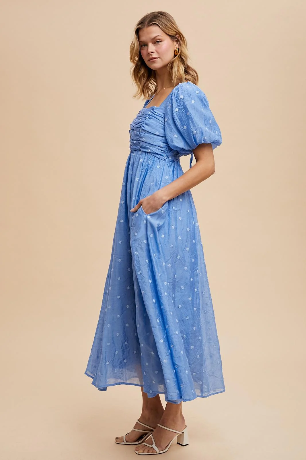 Blue Embroidered Shirred Puff Sleeve Maxi Dress - Image 3