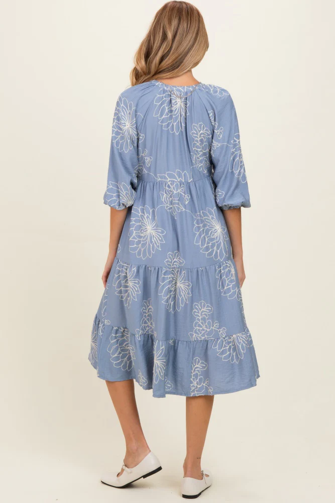 Blue Embroidered Tiered Maternity Midi Shirt Dress - Image 3
