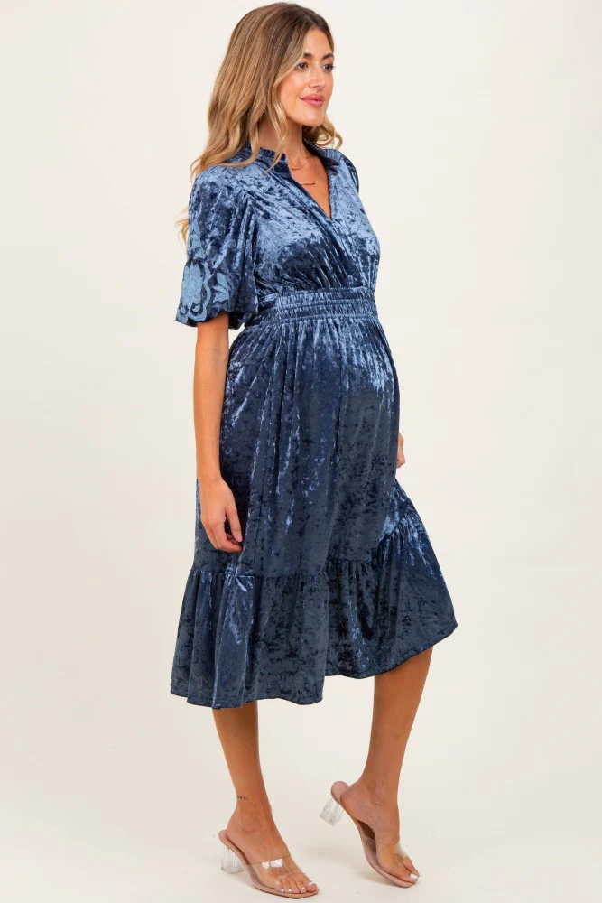 Blue Embroidered Velvet Smocked Waist Maternity Midi Dress - Image 3
