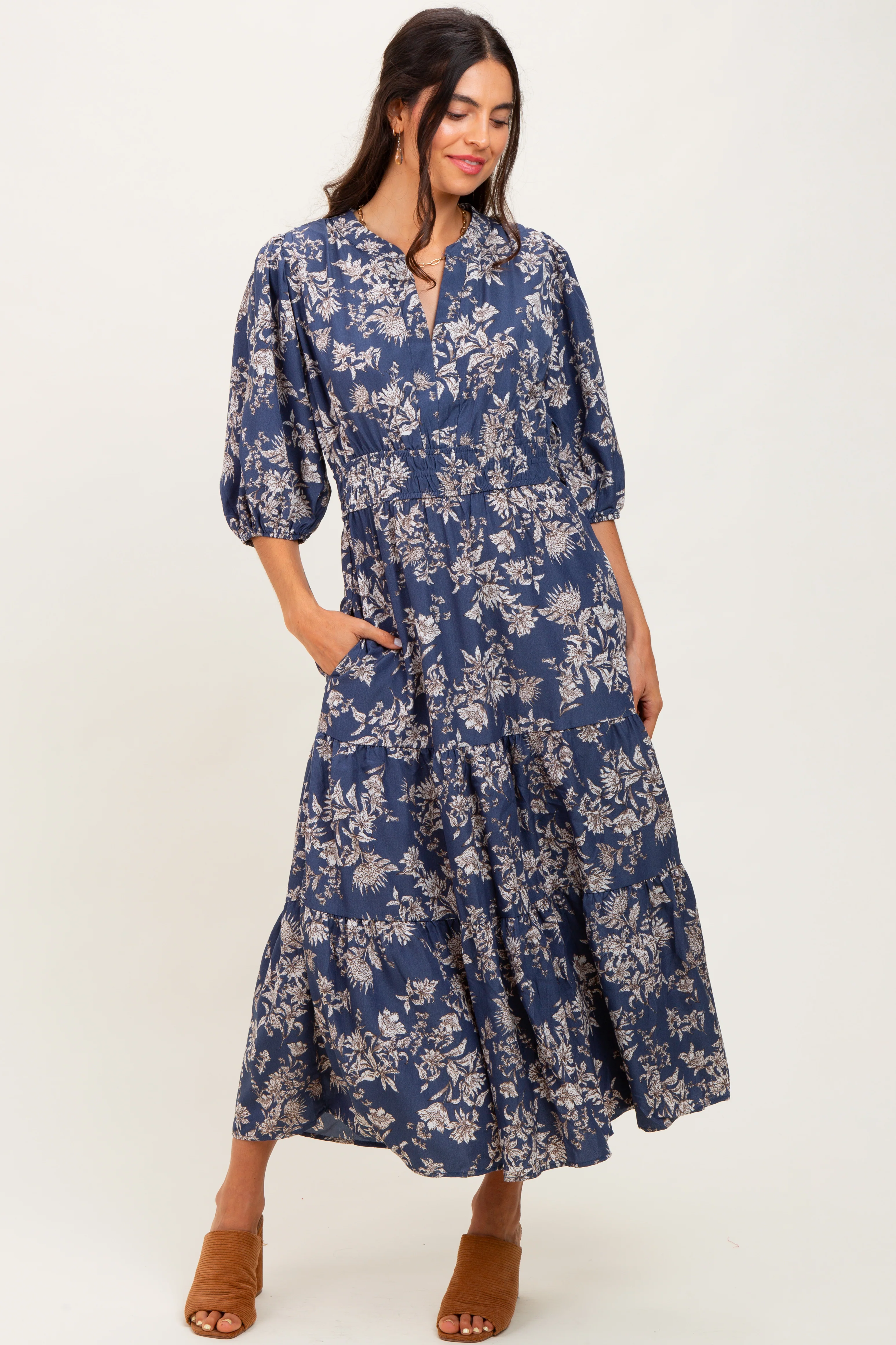 Blue Floral 3/4 Sleeve Smocked Waist Maternity Midi Dress - Image 3