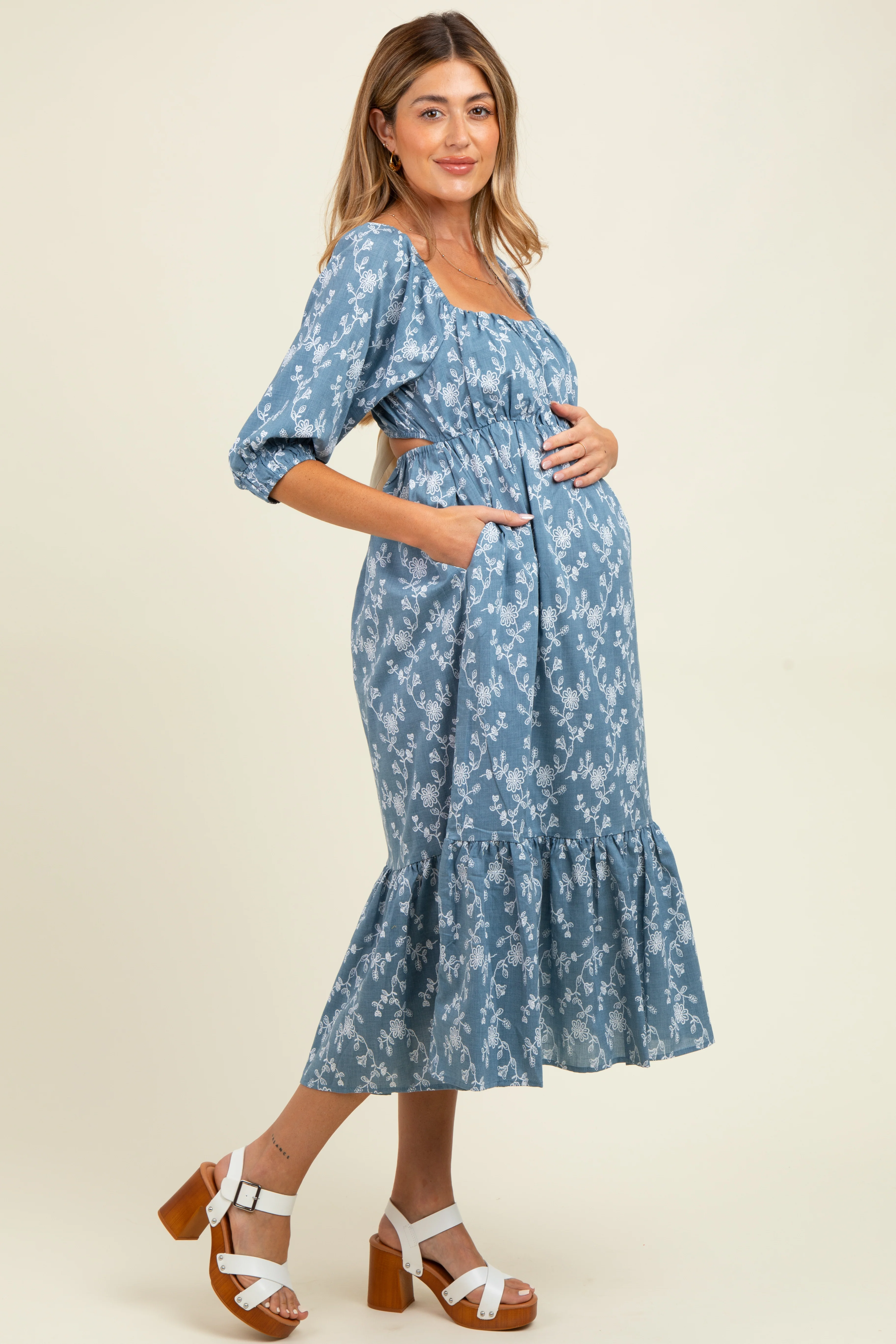 Blue Floral Back Cutout Ribbon Tie Maternity Maxi Dress - Image 3
