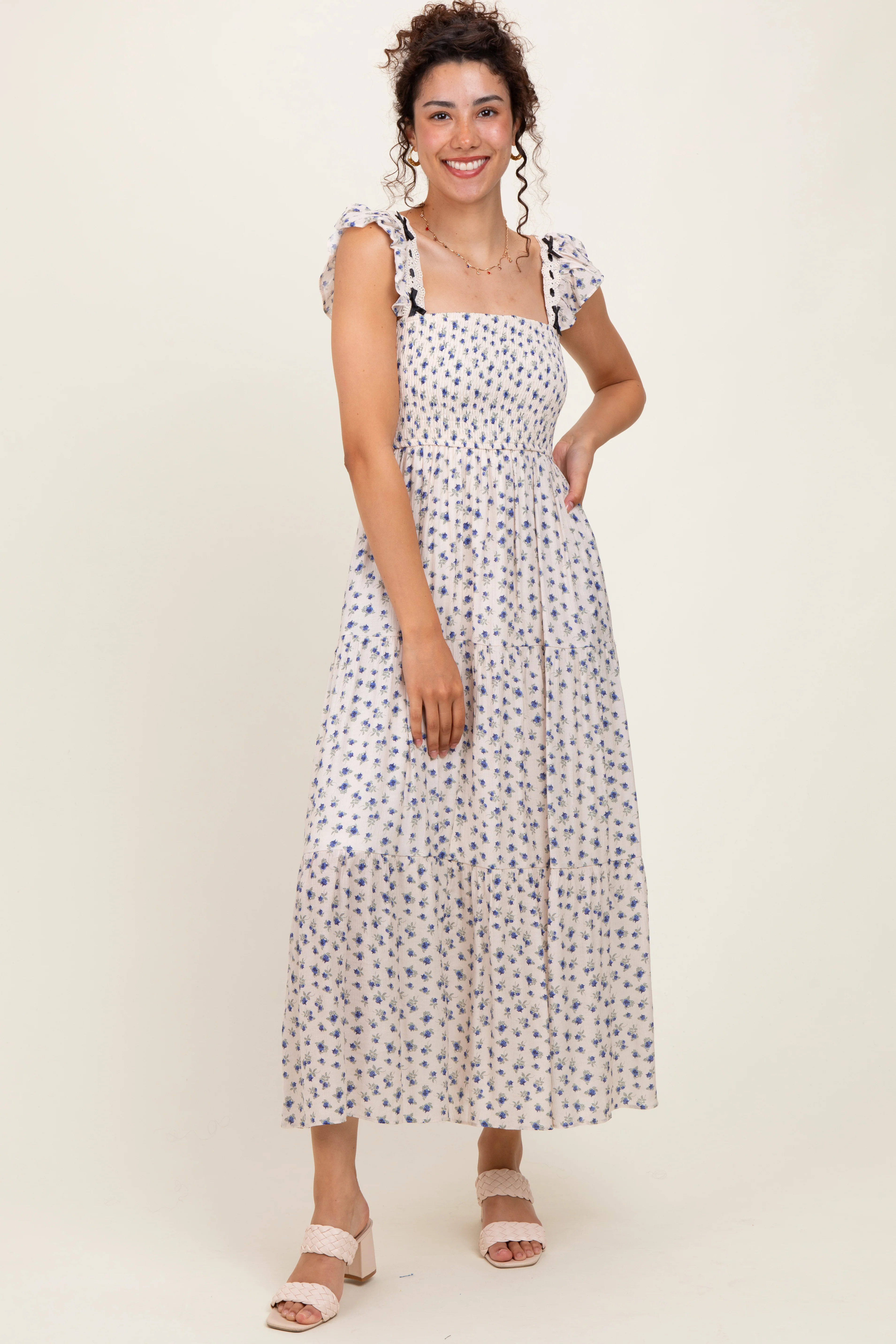 Blue Floral Bow Trim Lace Detail Smocked Maternity Maxi Dress - Image 5