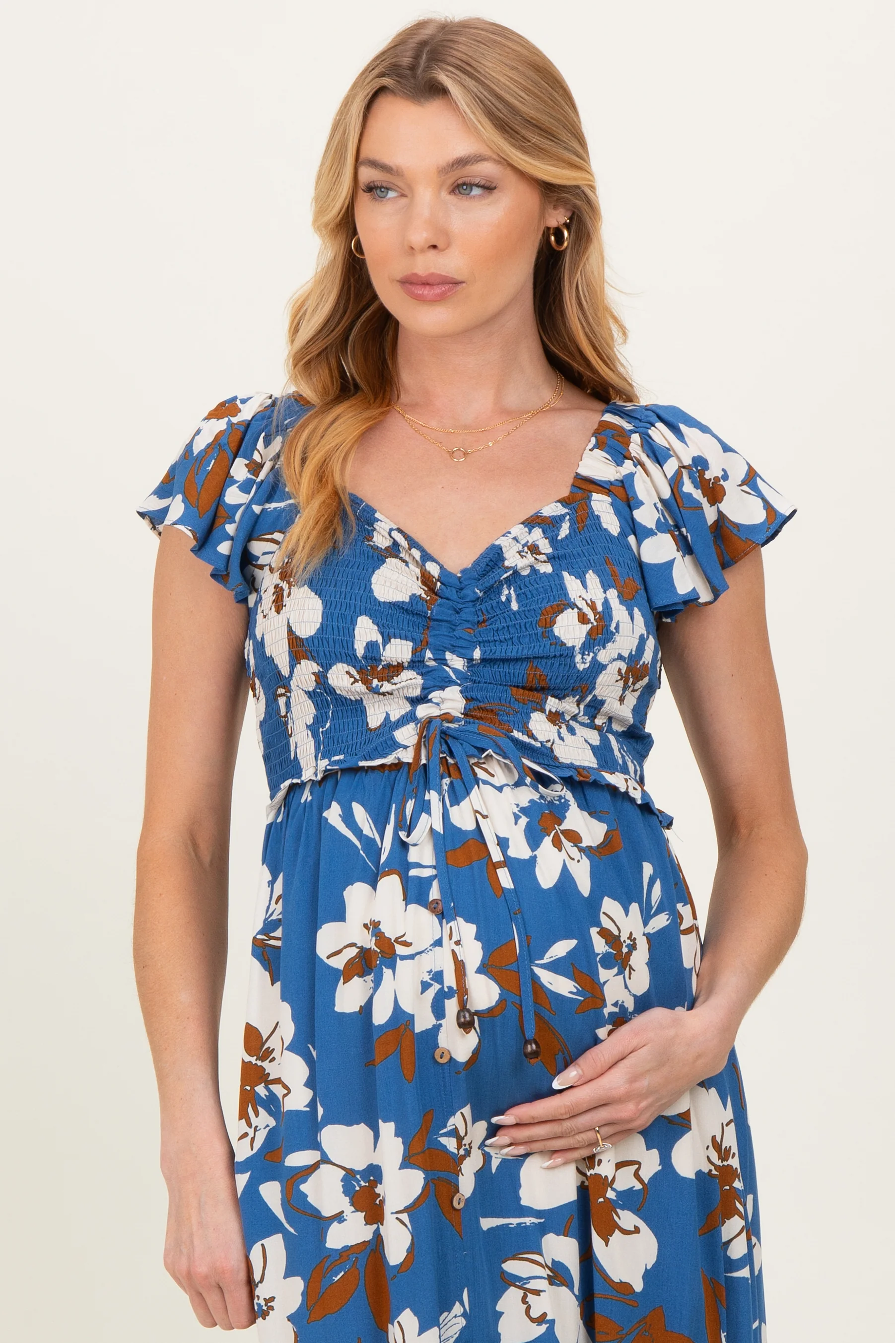 Blue Floral Cinched Smocked Maternity Maxi Dress - Image 3