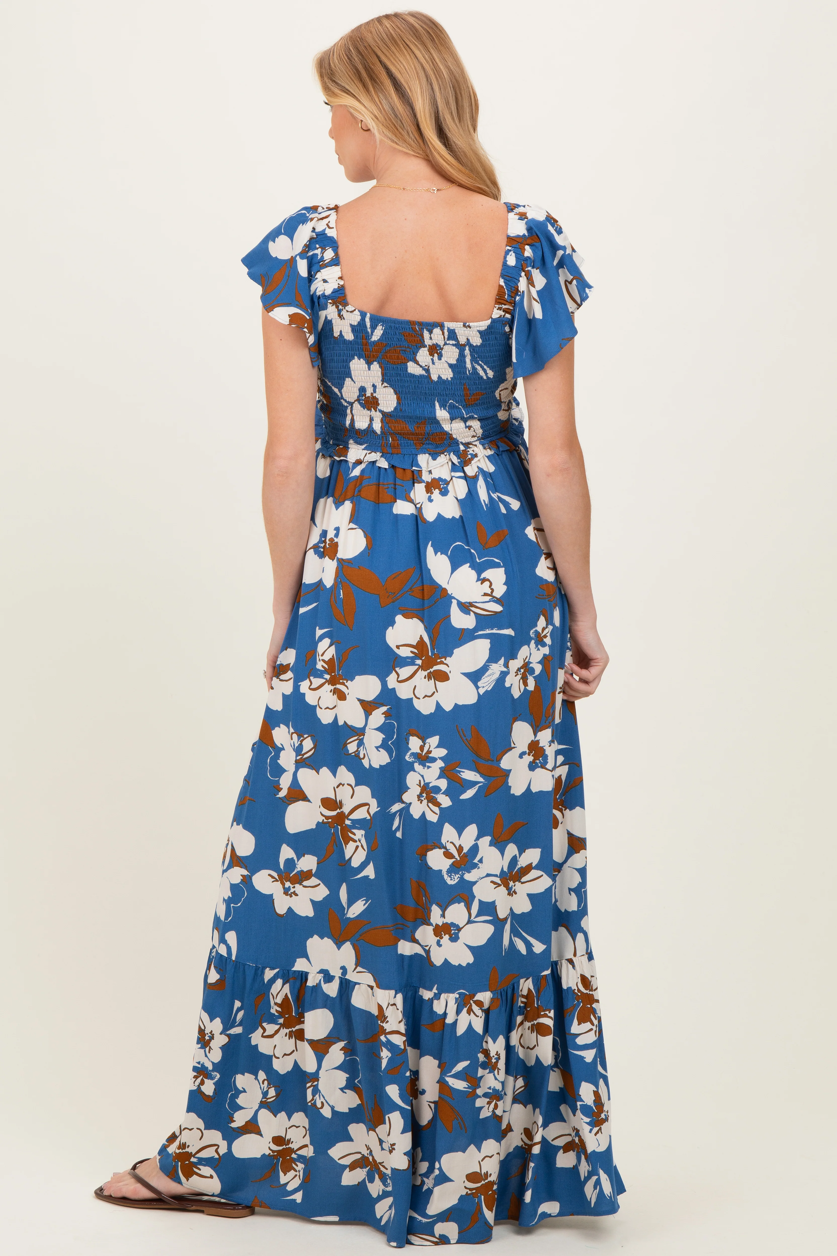 Blue Floral Cinched Smocked Maternity Maxi Dress - Image 4