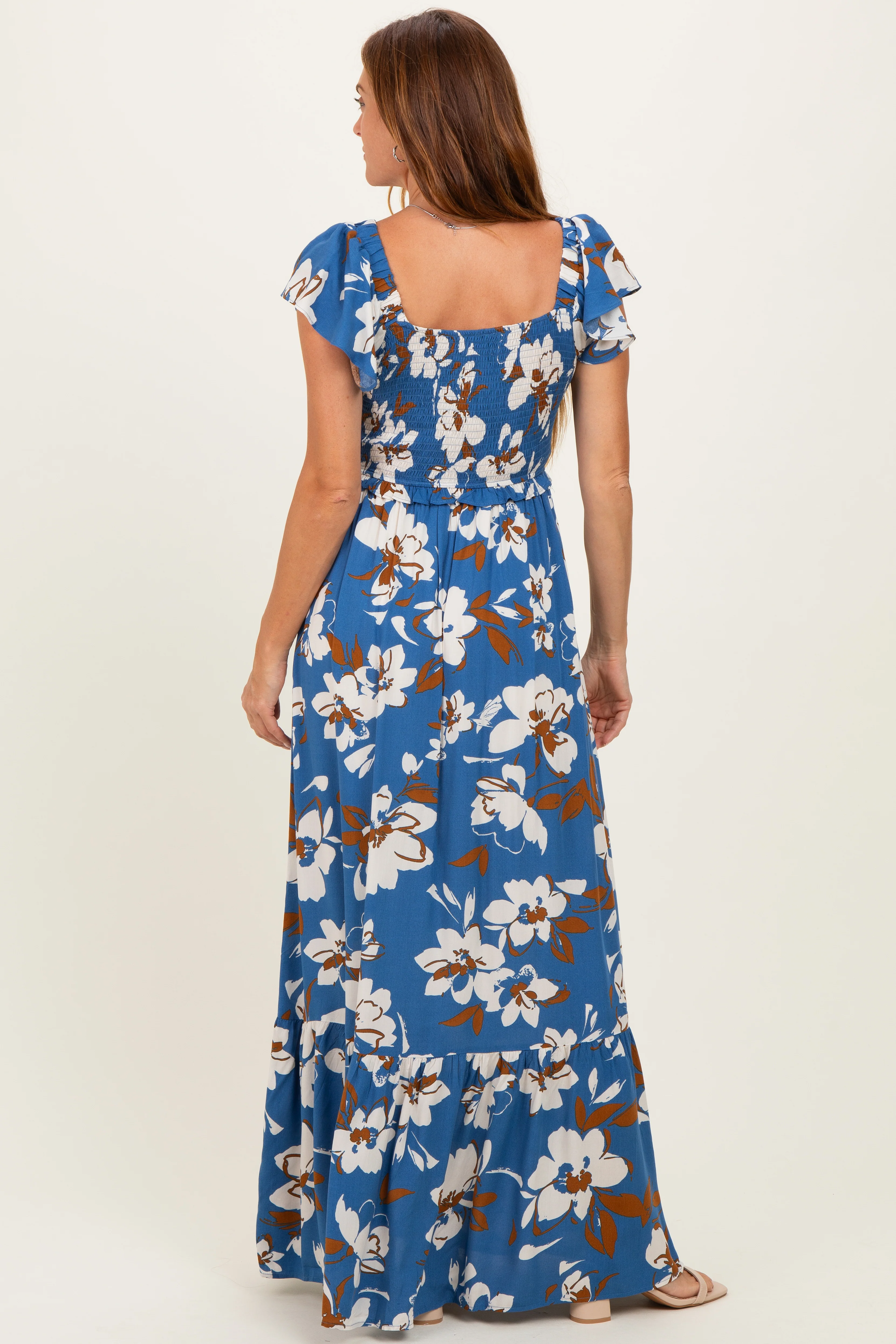 Blue Floral Cinched Smocked Maxi Dress - Image 4