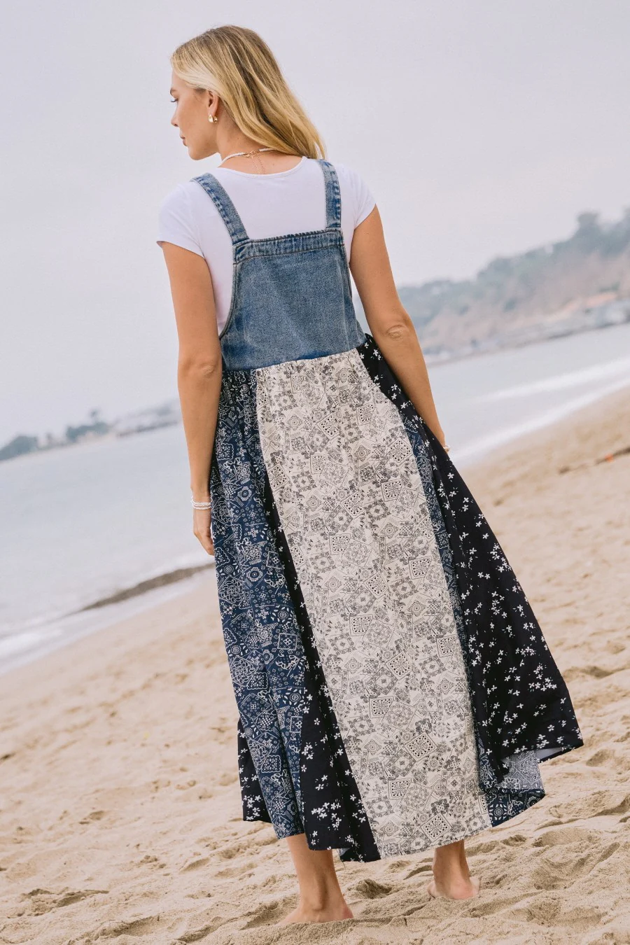 Blue Floral Colorblock Print Denim Contrast Dress - Image 4