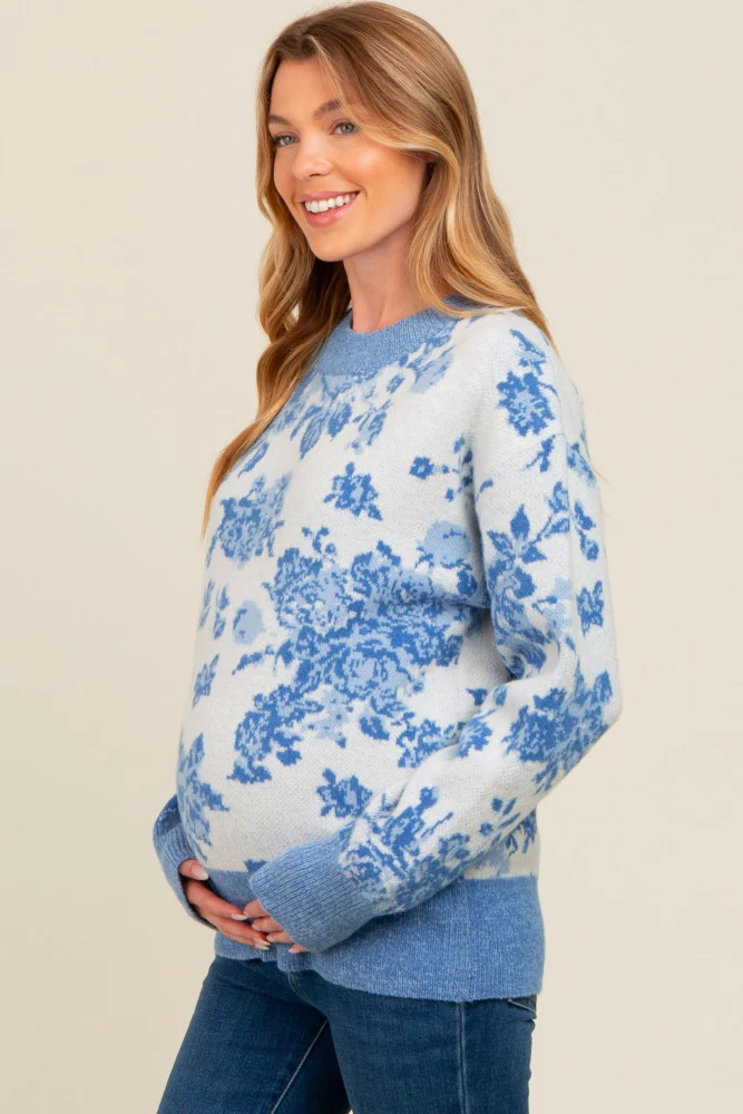 Blue Floral Crew Neck Maternity Sweater - Image 3