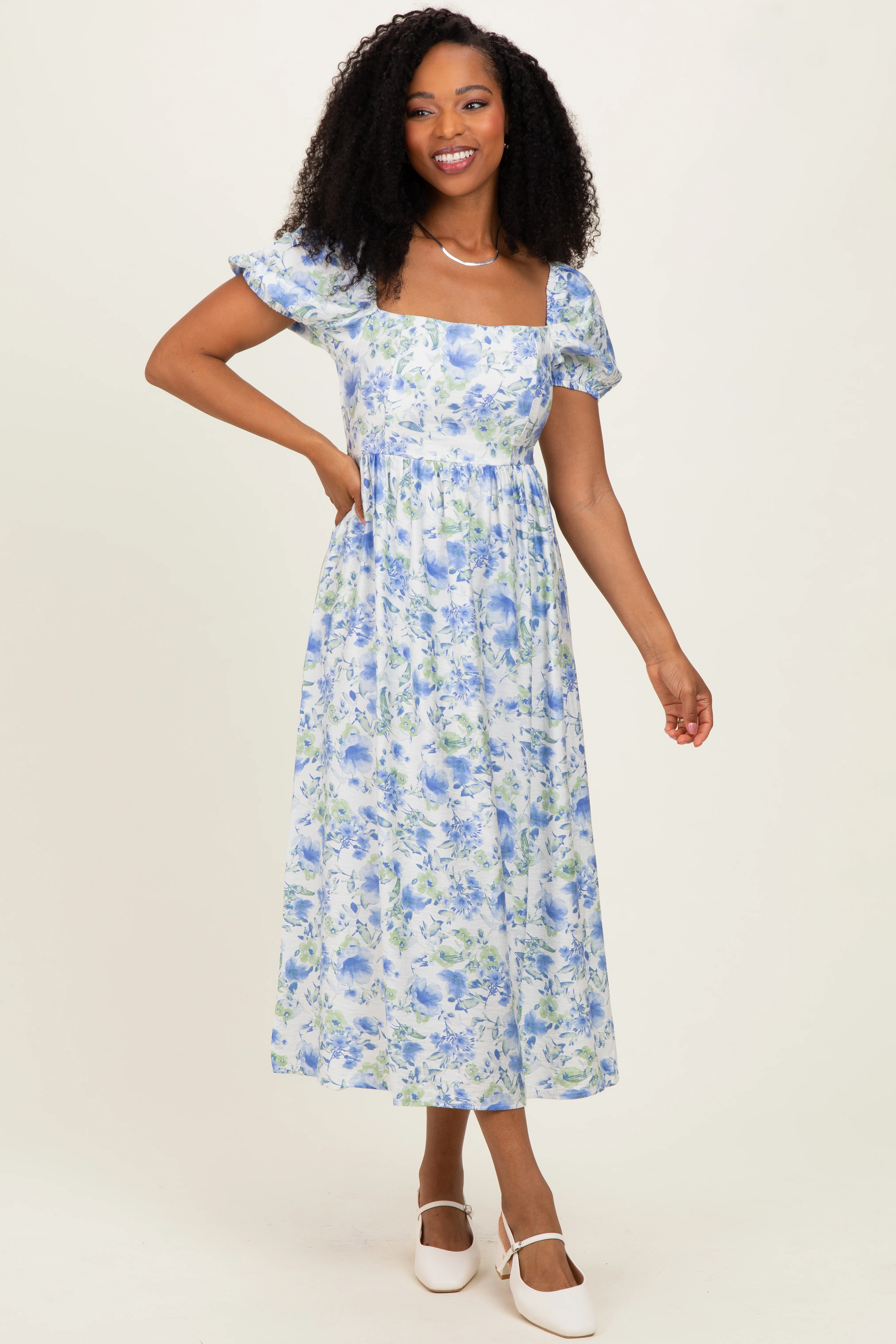 Blue Floral Crisscross Back Midi Dress