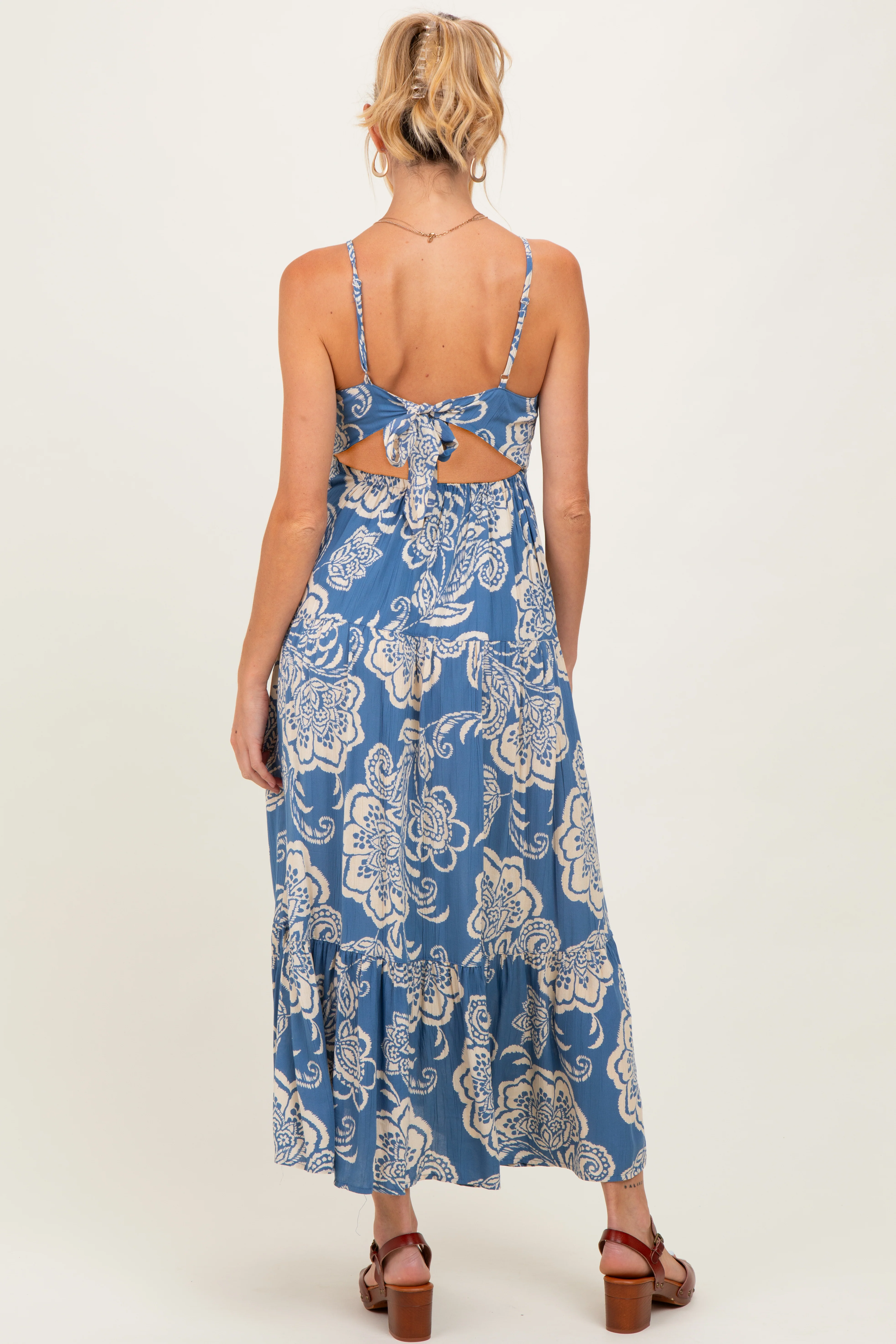 Blue Floral Cutout Tie Back Maternity Midi Dress - Image 4
