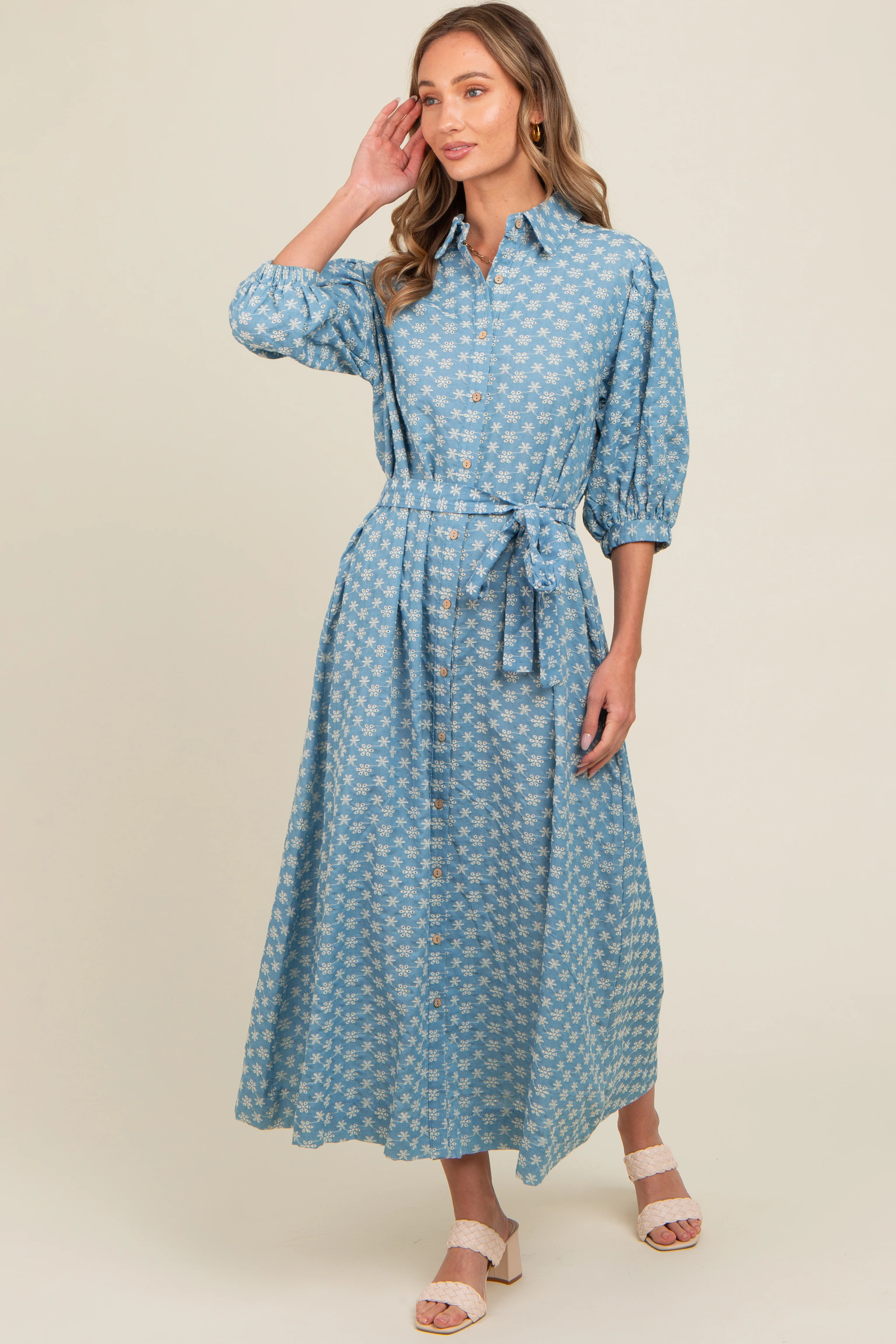 Blue Floral Embroidered Button Down Chambray Maternity Maxi Dress - Image 3
