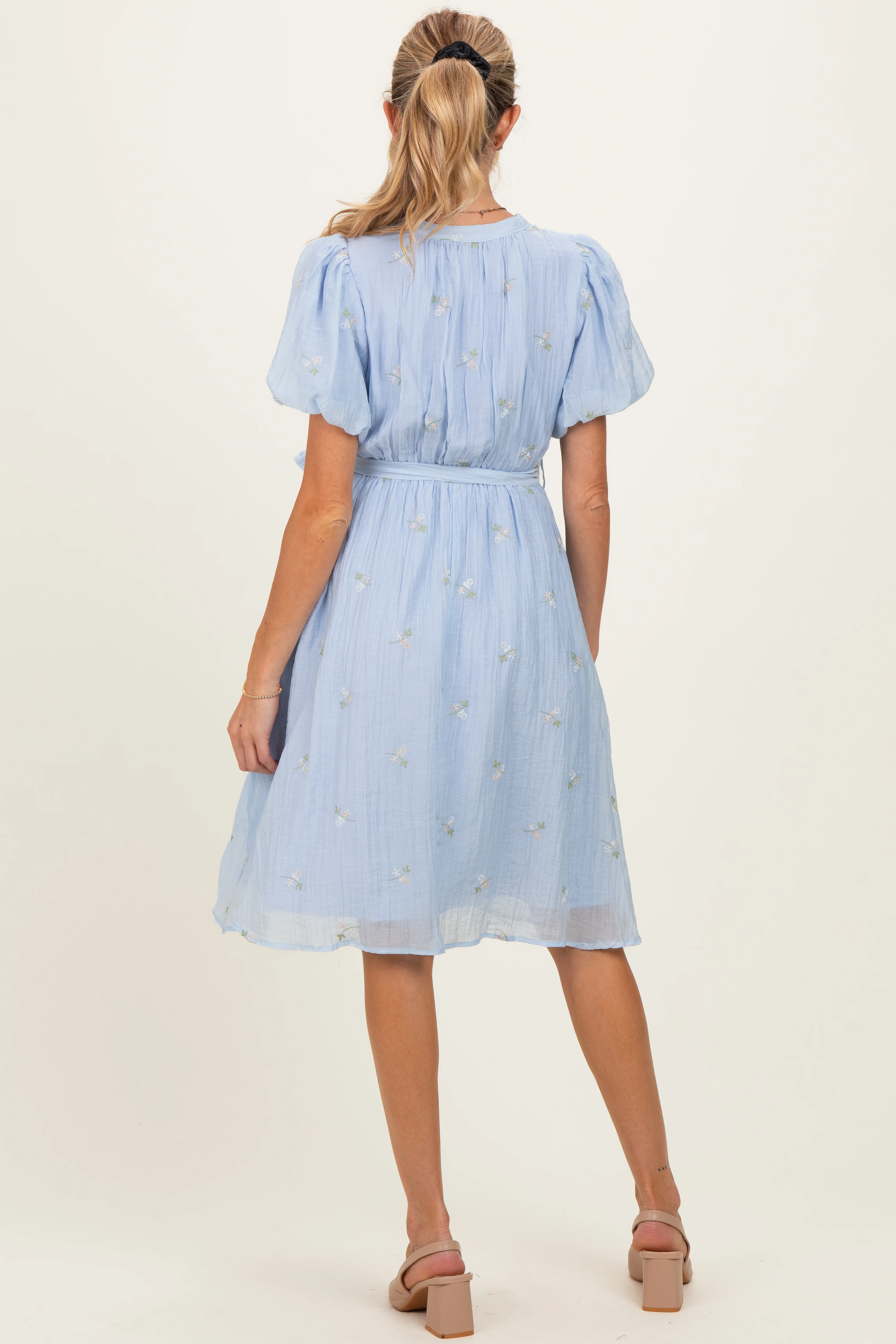 Blue Floral Embroidered Tie Waist Maternity Dress - Image 3