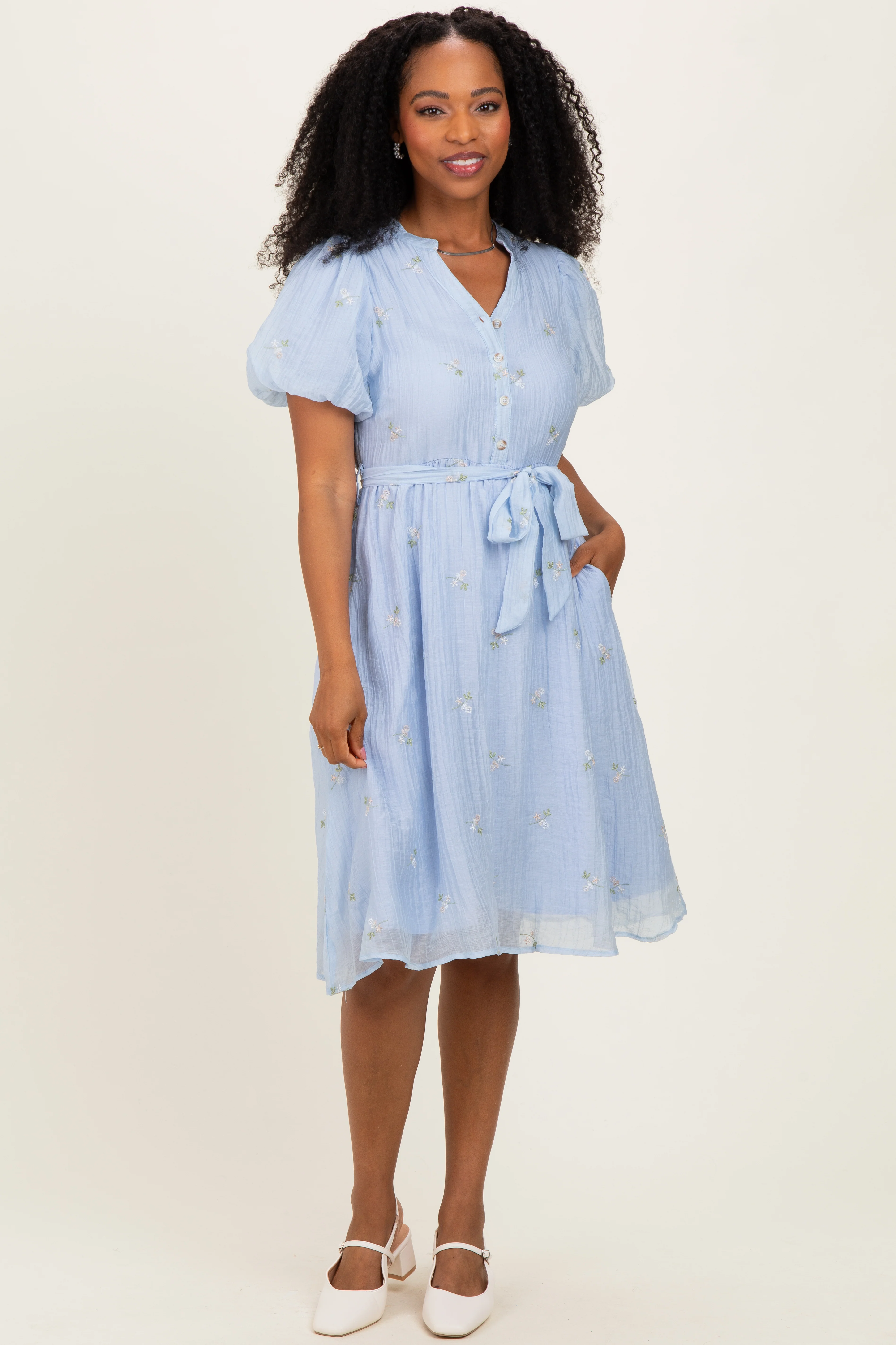 Blue Floral Embroidered Tie Waist Maternity Dress - Image 4