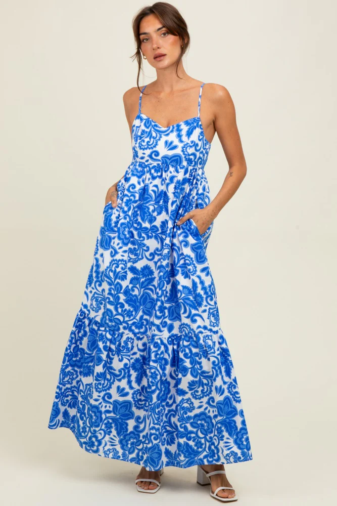 Blue Floral Flowy Ruffle Hem Maternity Maxi Dress - Image 4