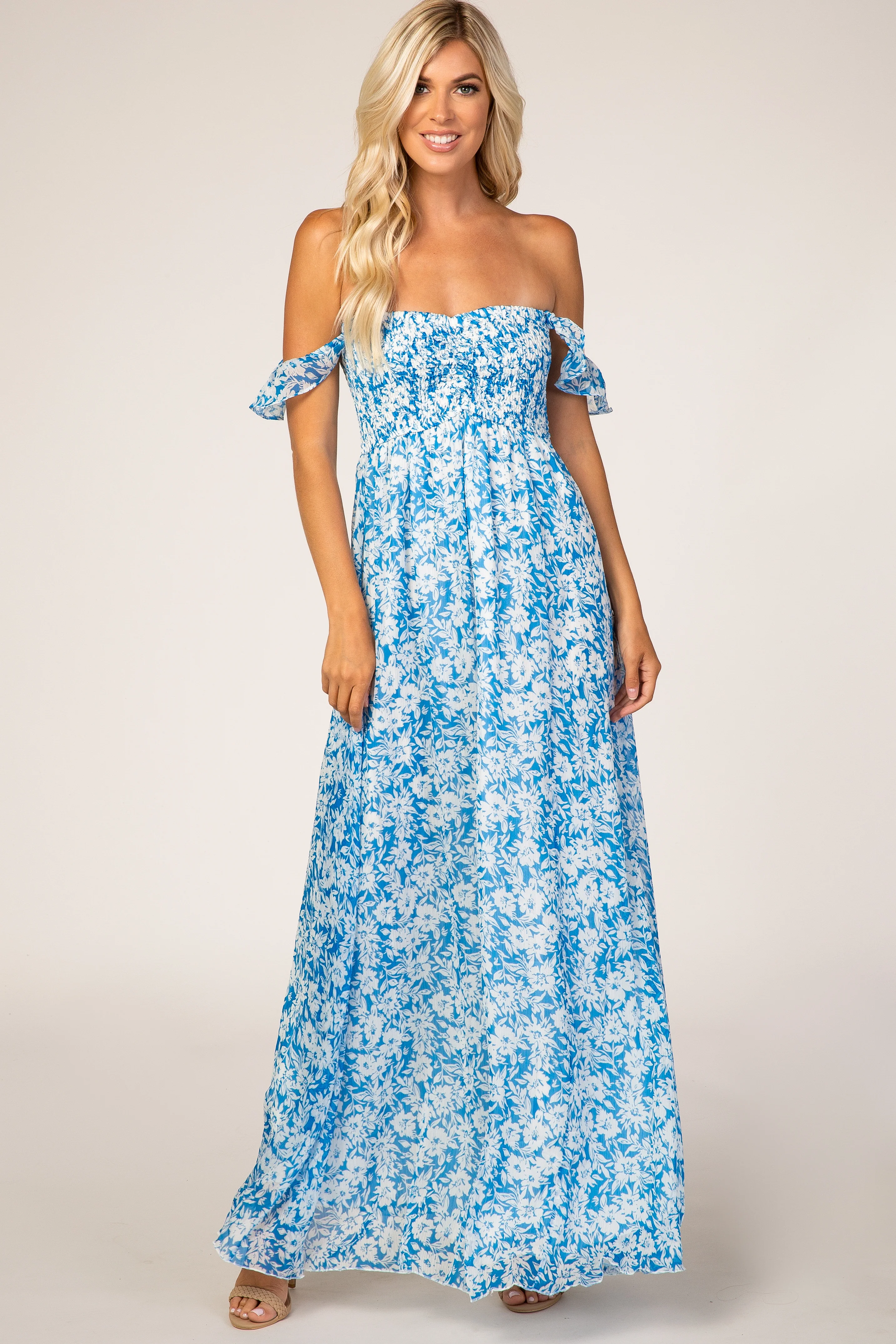 Blue Floral Flutter Sleeve Maxi Dress - Image 4