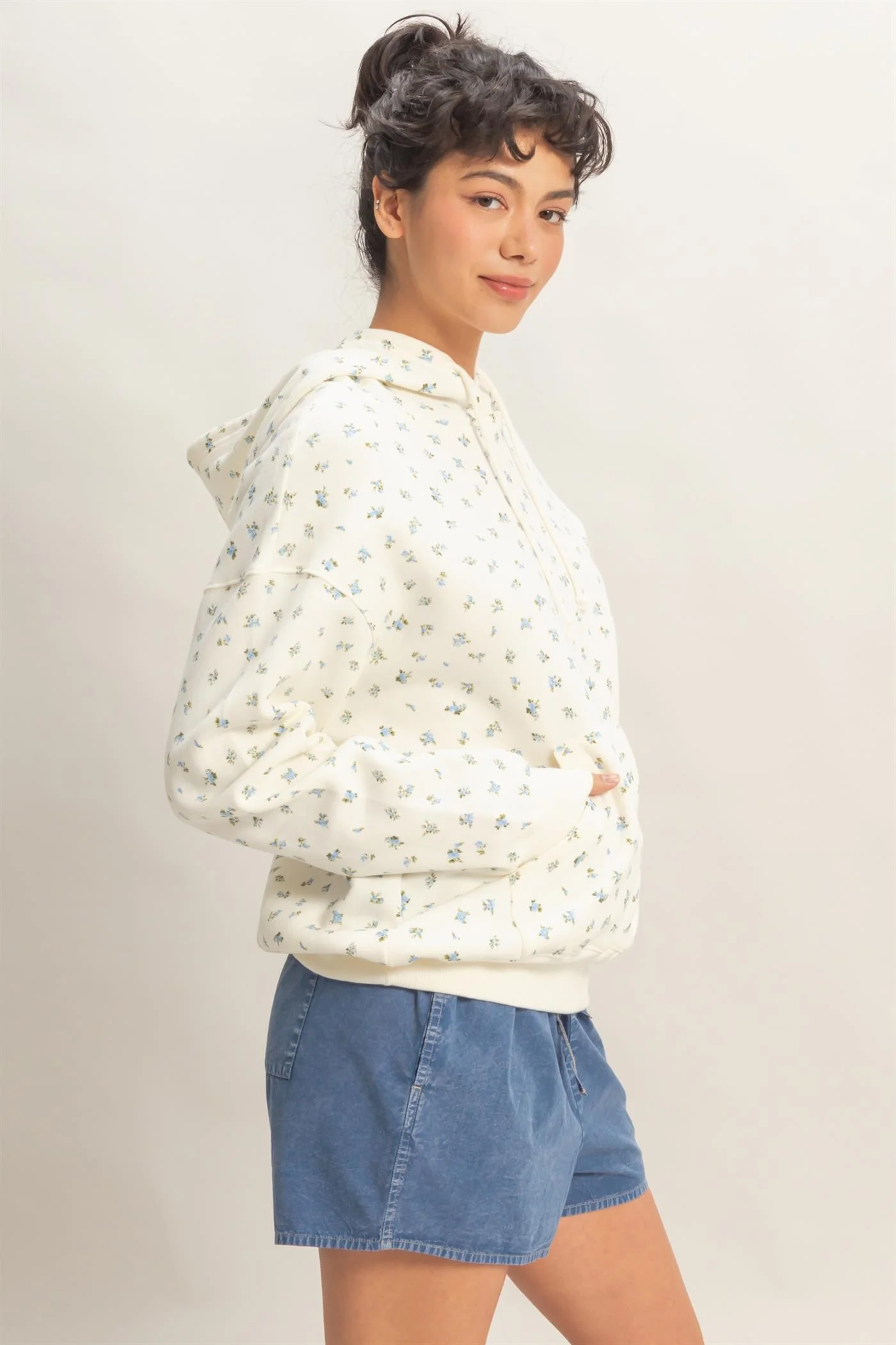 Blue Floral French Terry Hoodie - Image 6