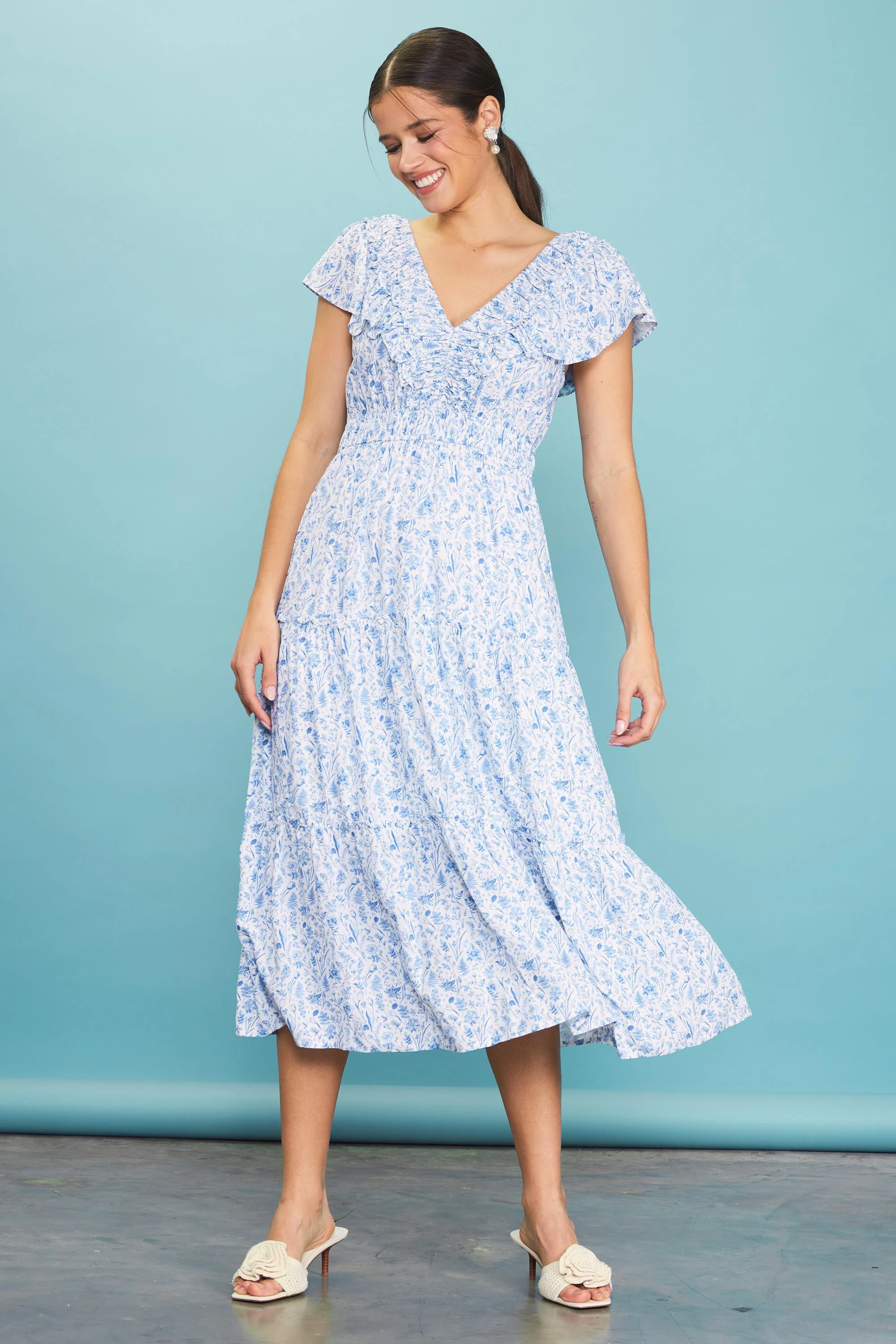 Blue Floral Front Ruched Ruffle Shoulder Tiered Midi Dress - Image 2