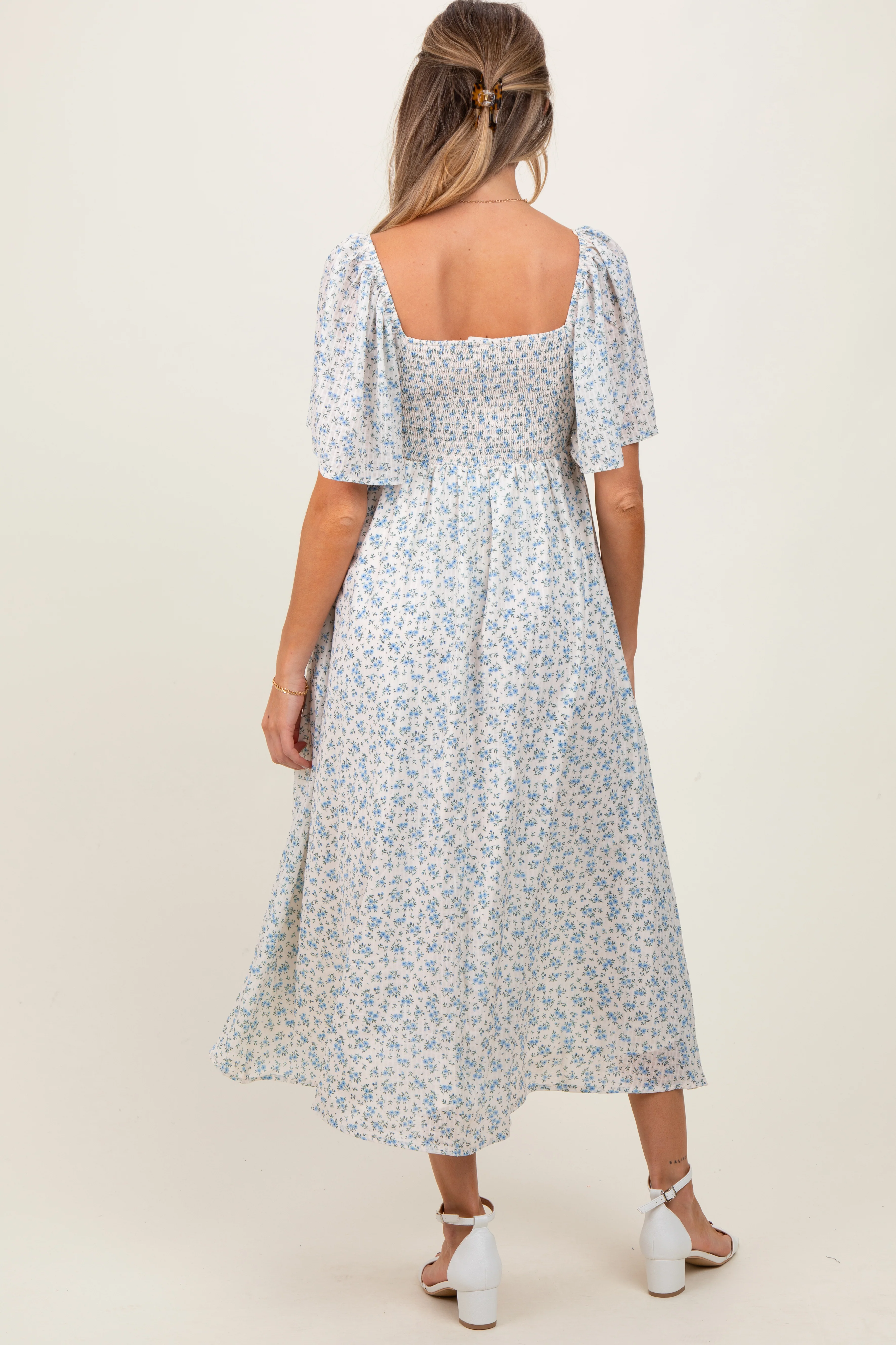 Blue Floral Front Tie Maternity Midi Dress - Image 4
