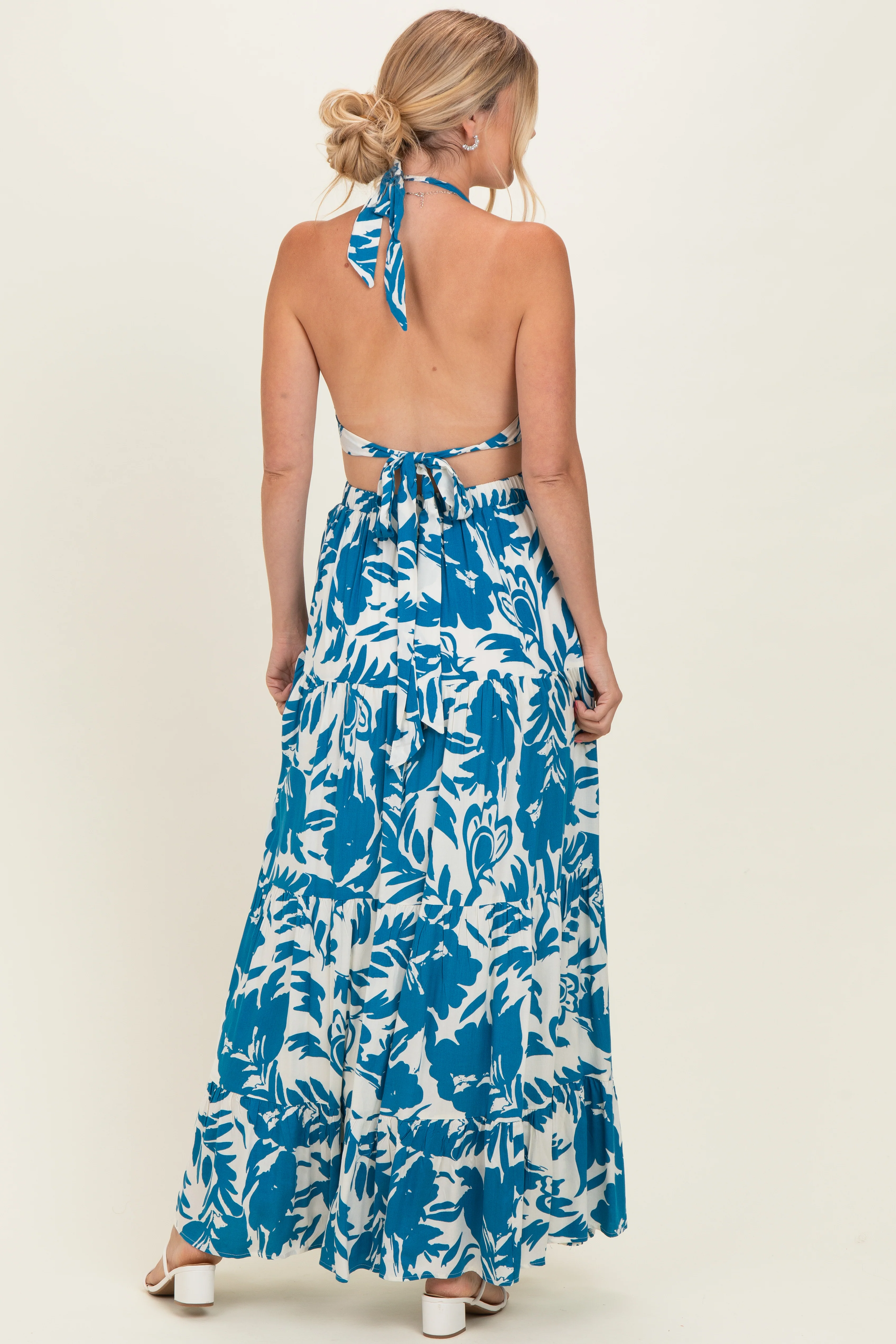 Blue Floral Halter Cutout Open Back Maxi Dresses - Image 3