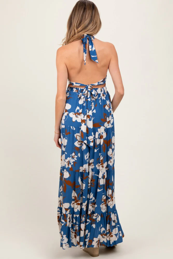 Blue Floral Halter Side Cutout Maternity Maxi Dress - Image 4