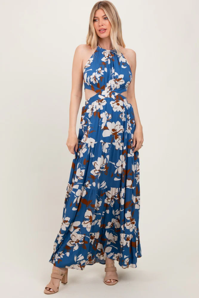 Blue Floral Halter Side Cutout Maxi Dress - Image 2