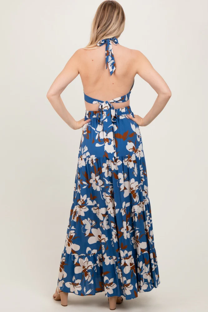 Blue Floral Halter Side Cutout Maxi Dress - Image 4