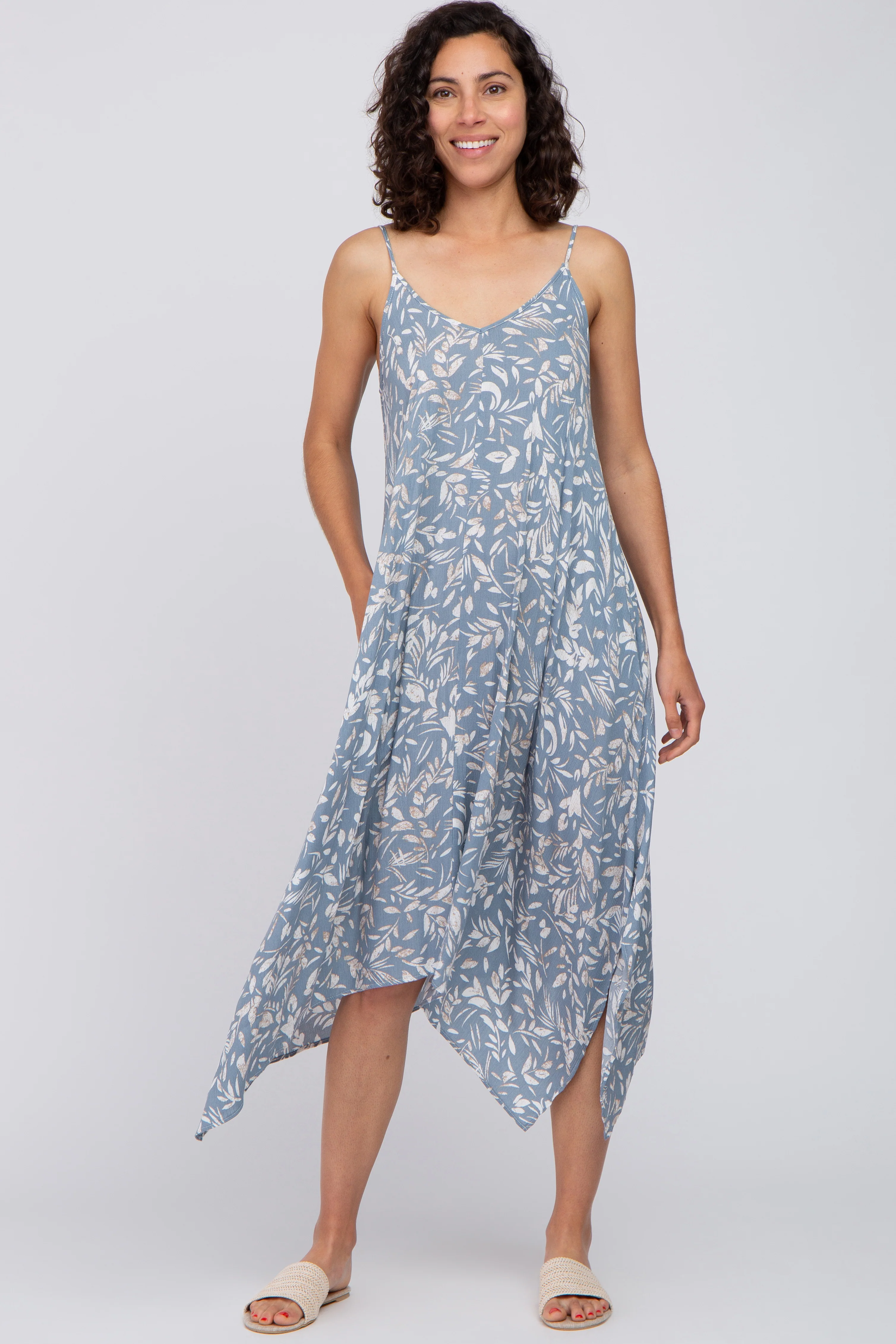 Blue Floral Handkerchief Maternity Midi Dress - Image 4