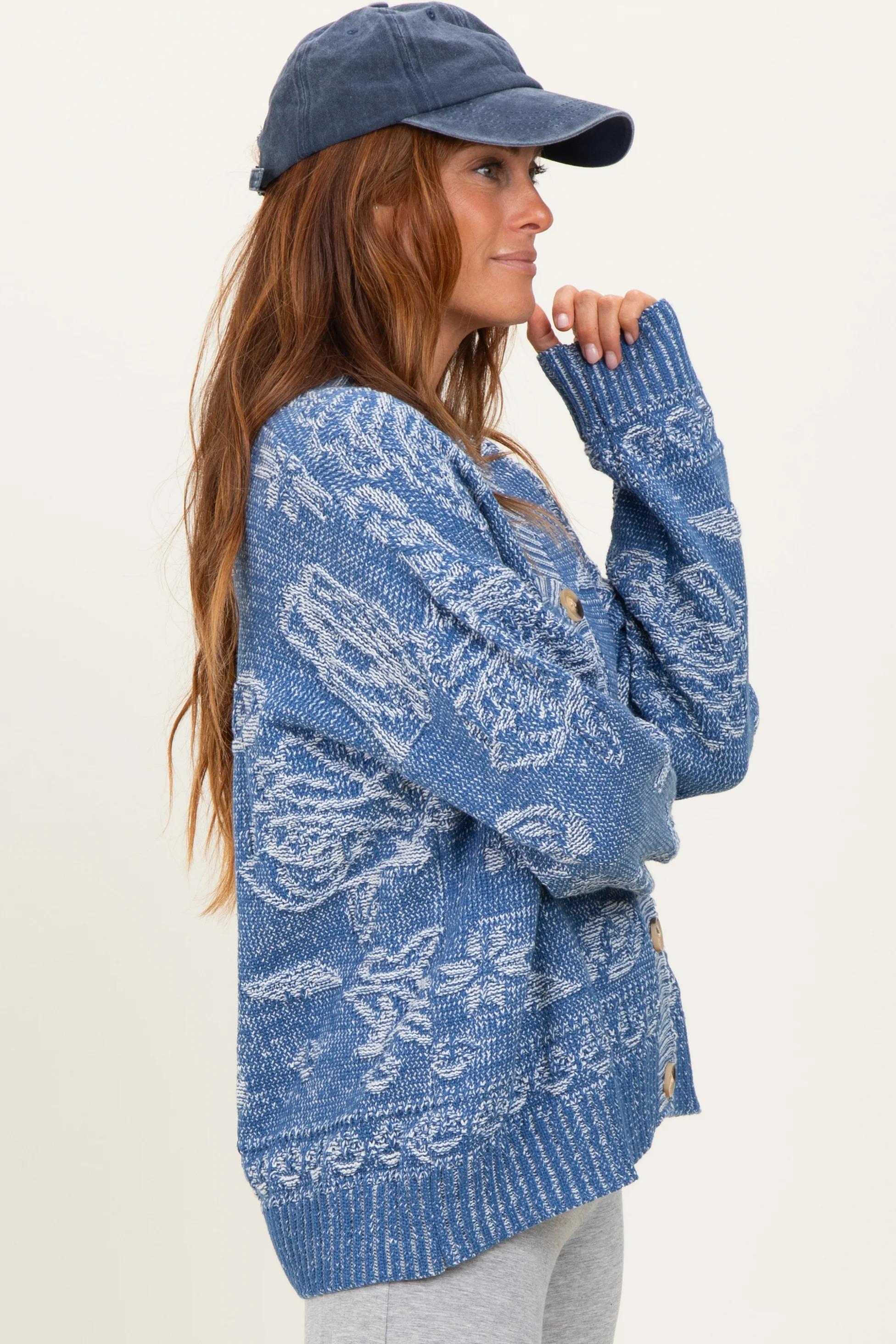 Blue Floral Knit Button Cardigan - Image 3