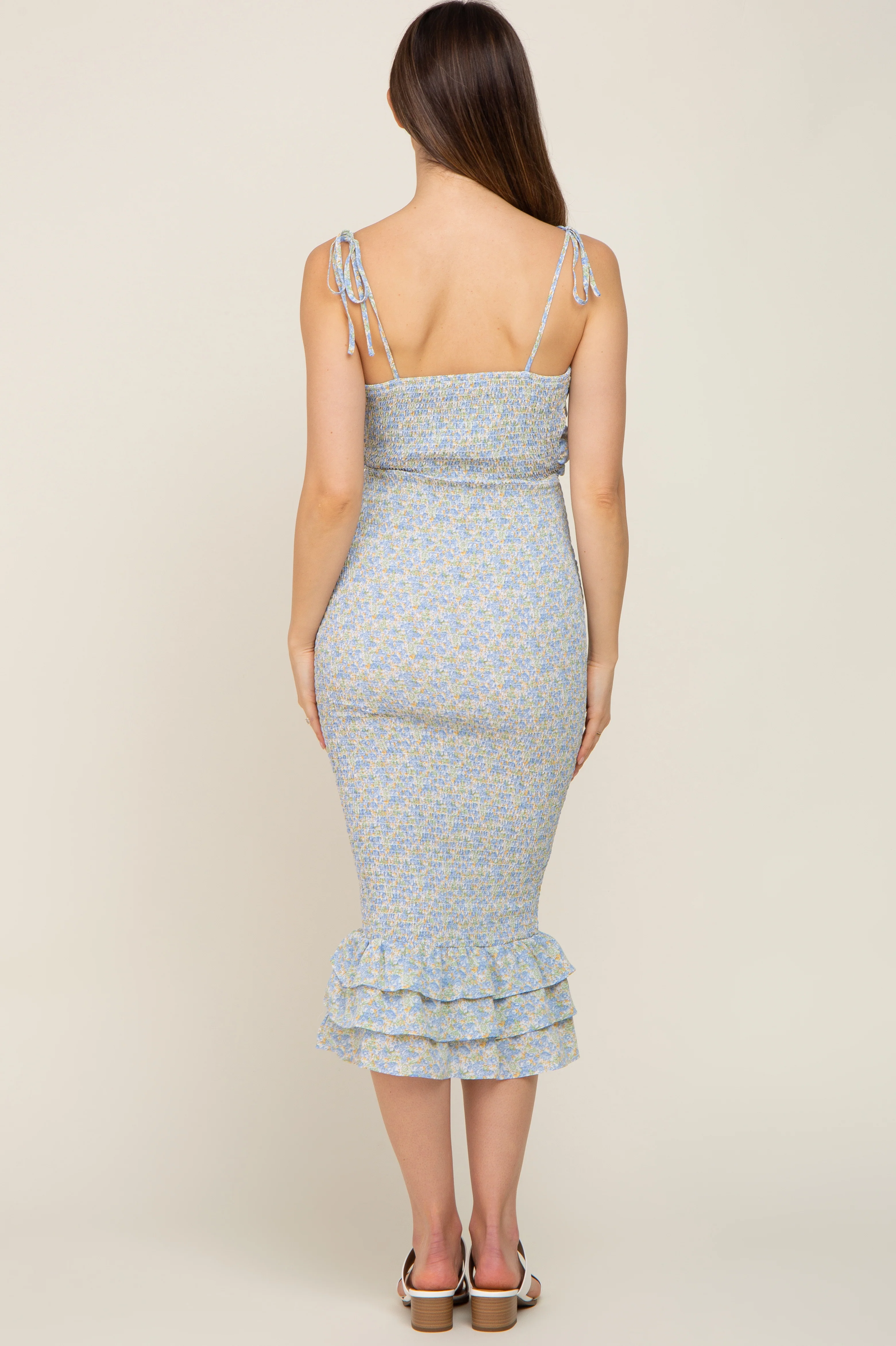Blue Floral Knot Front Smocked Maternity Midi Dress - Image 3