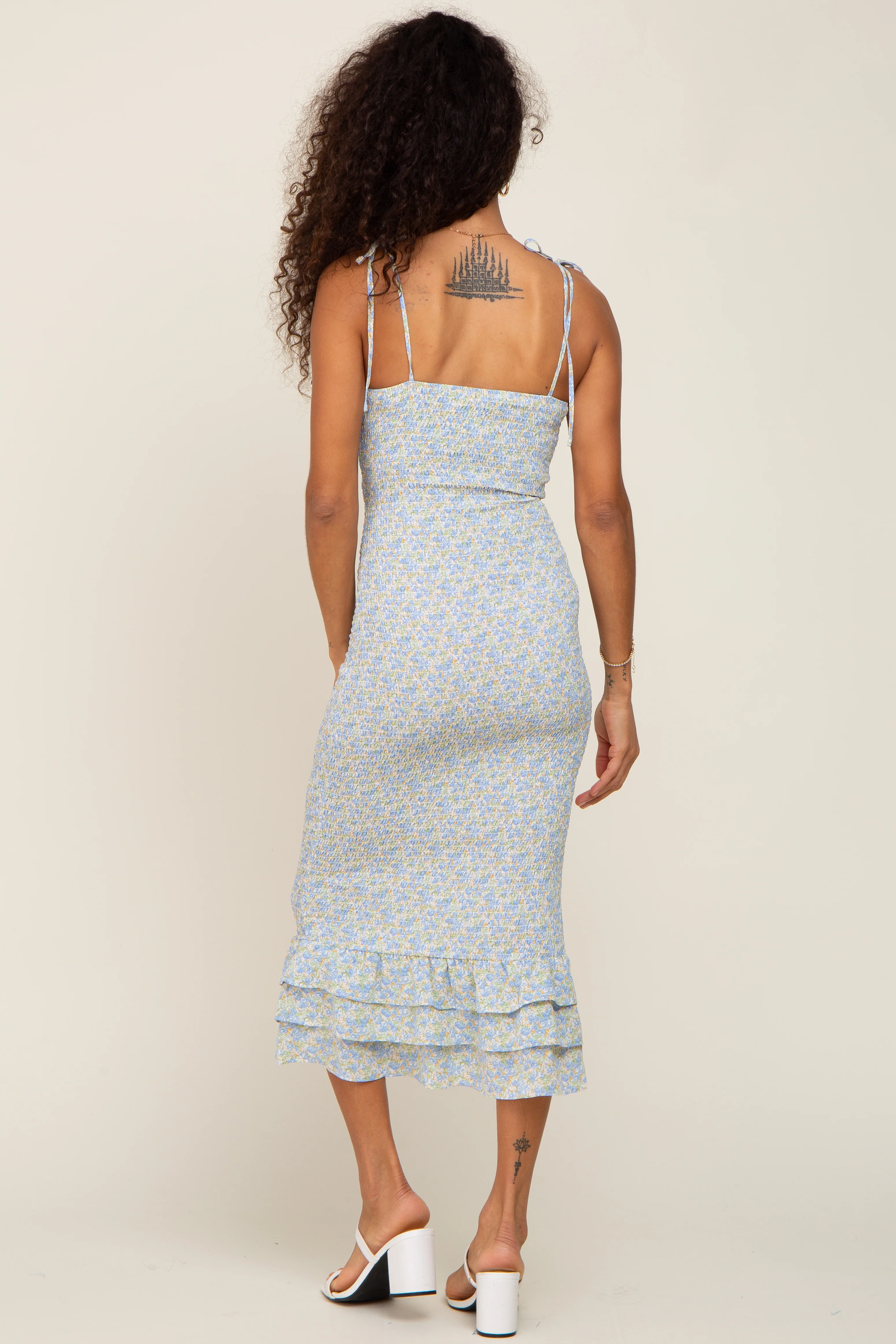 Blue Floral Knot Front Smocked Midi Dress - Image 3