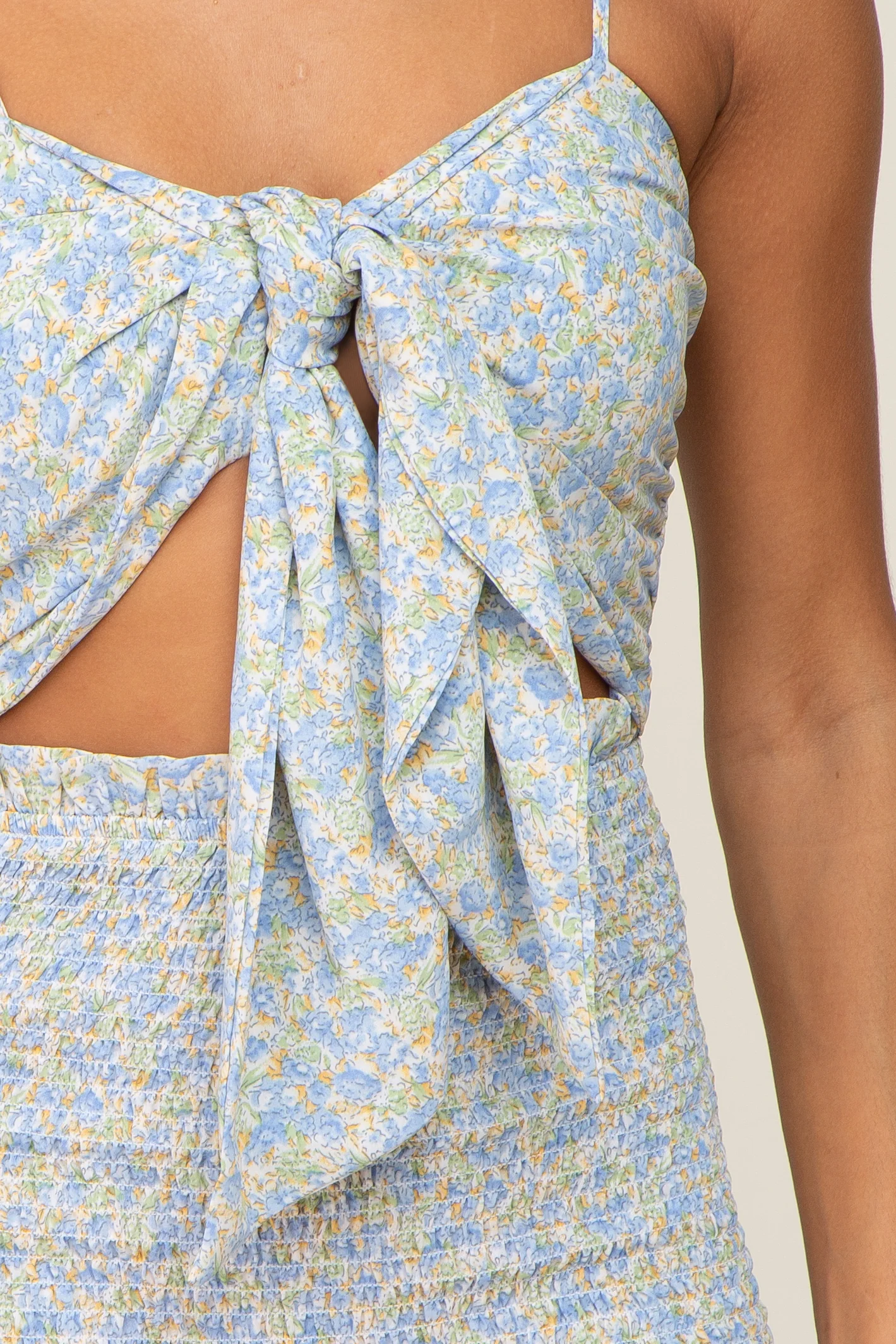 Blue Floral Knot Front Smocked Midi Dress - Image 4