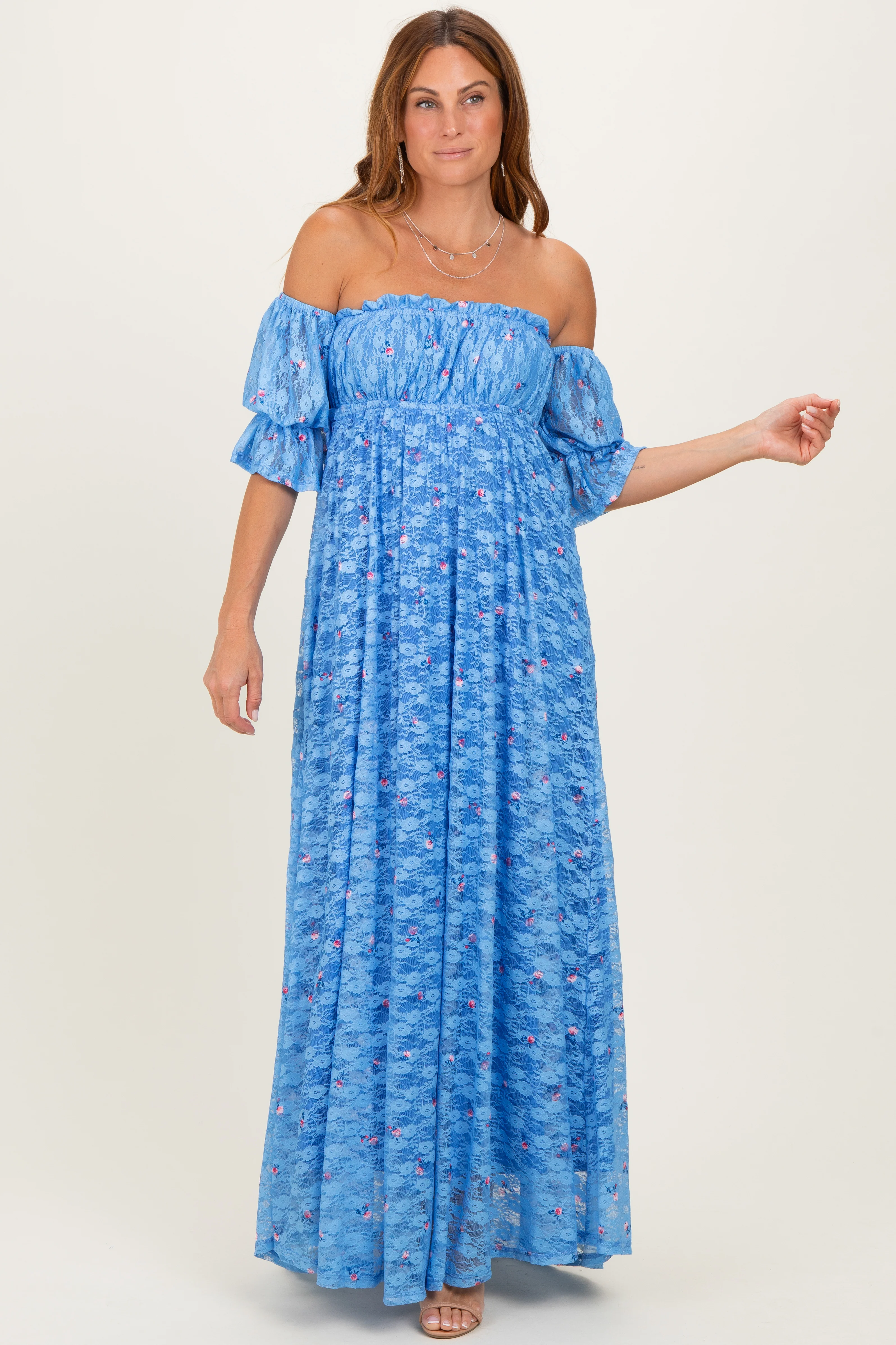 Blue Floral Lace Off Shoulder Ruffe Sleeve Maxi Dress - Image 2