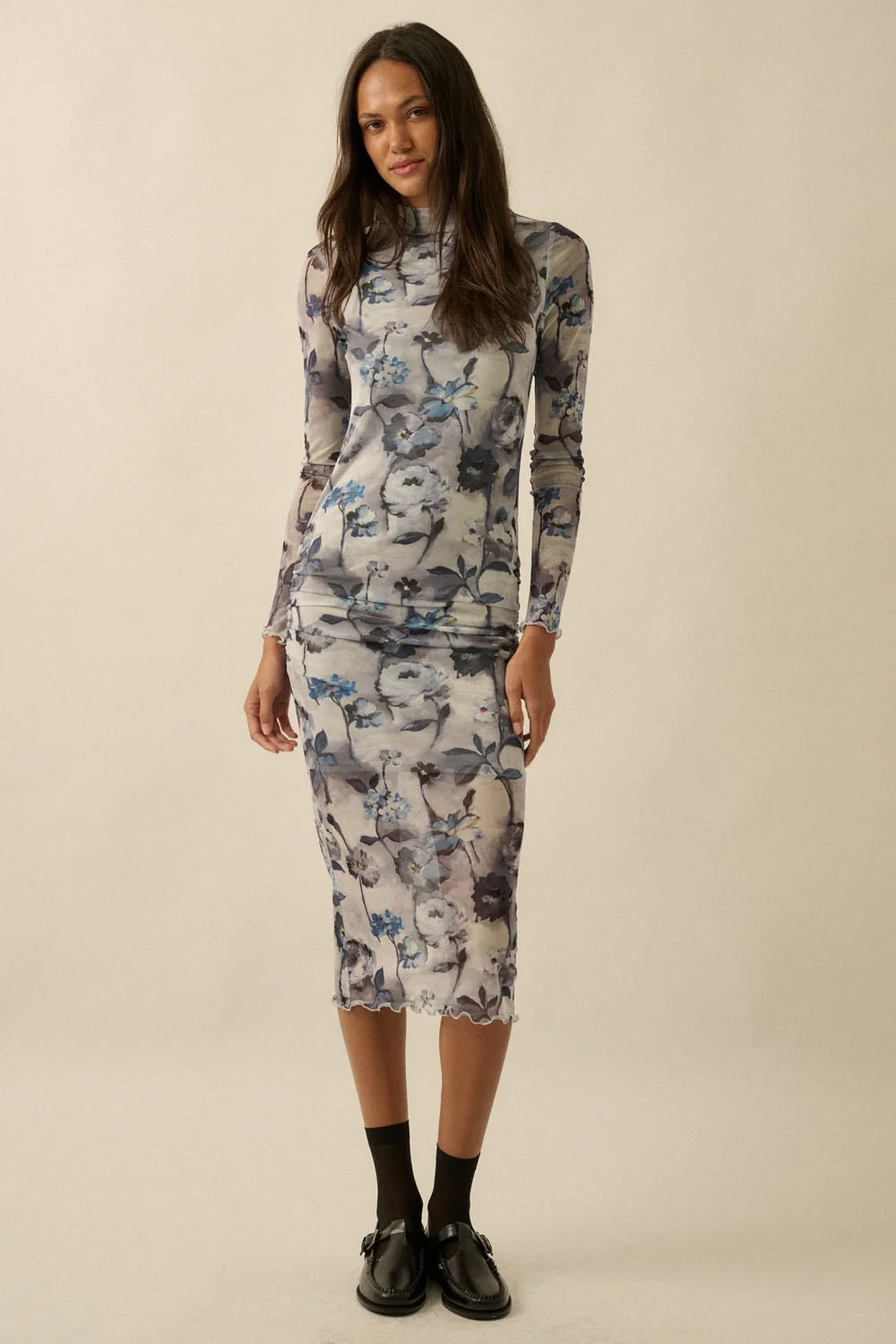 Blue Floral Mesh Long Sleeve Maternity Midi Dress - Image 5