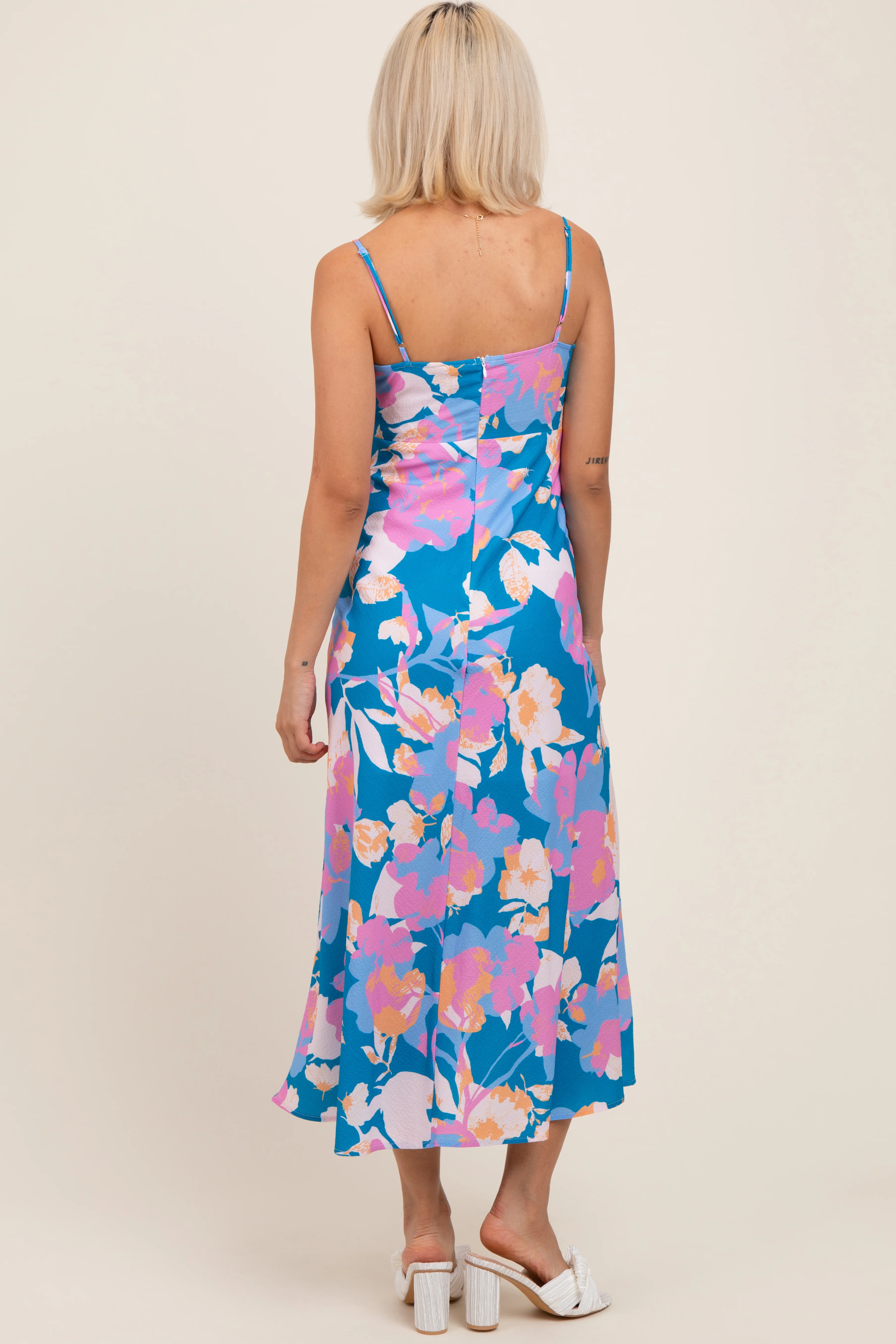 Blue Floral O-Ring Maternity Midi Dress - Image 4