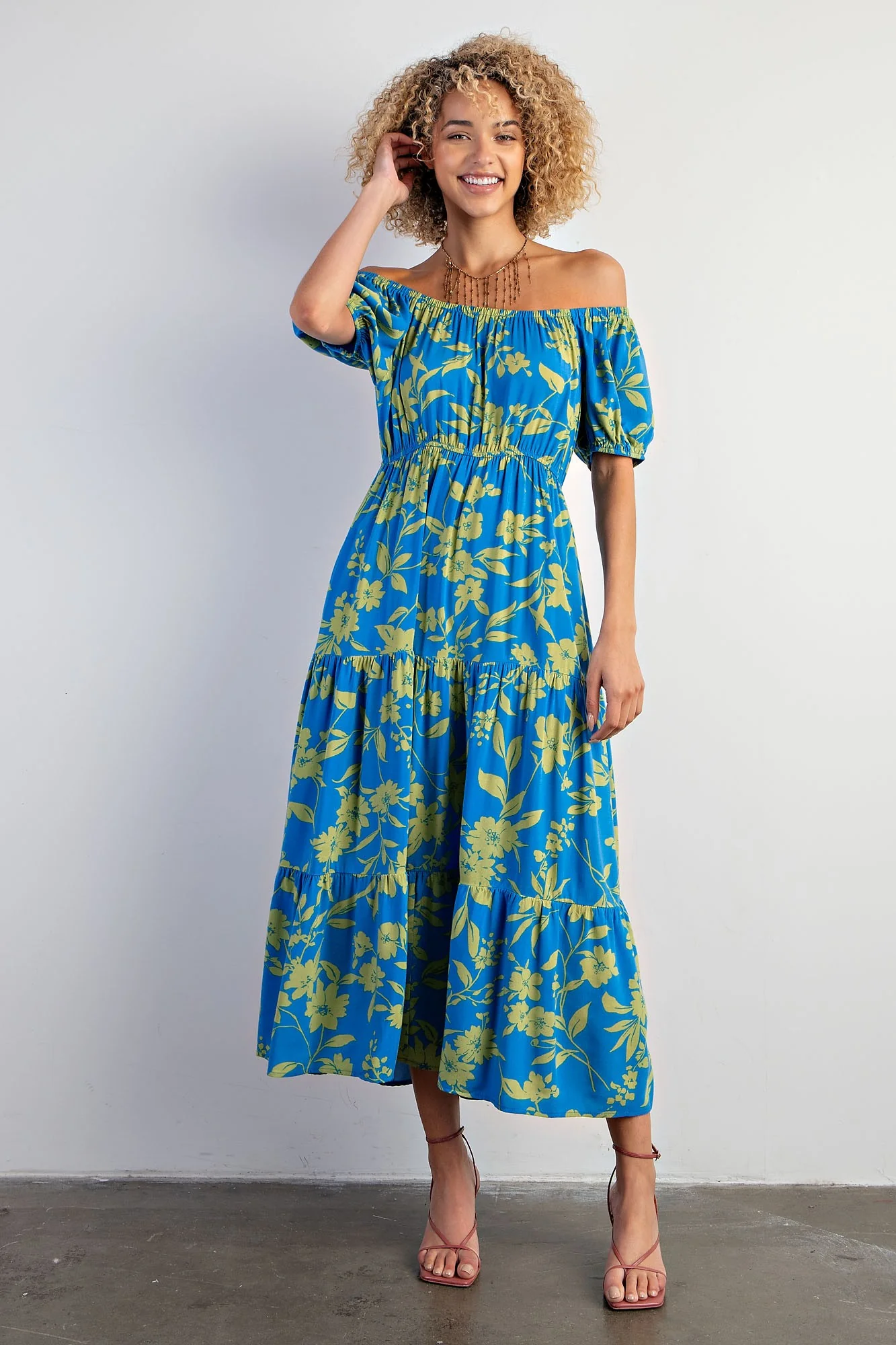 Blue Floral Off Shoulder Puff Sleeve Maternity Midi Dress - Image 6