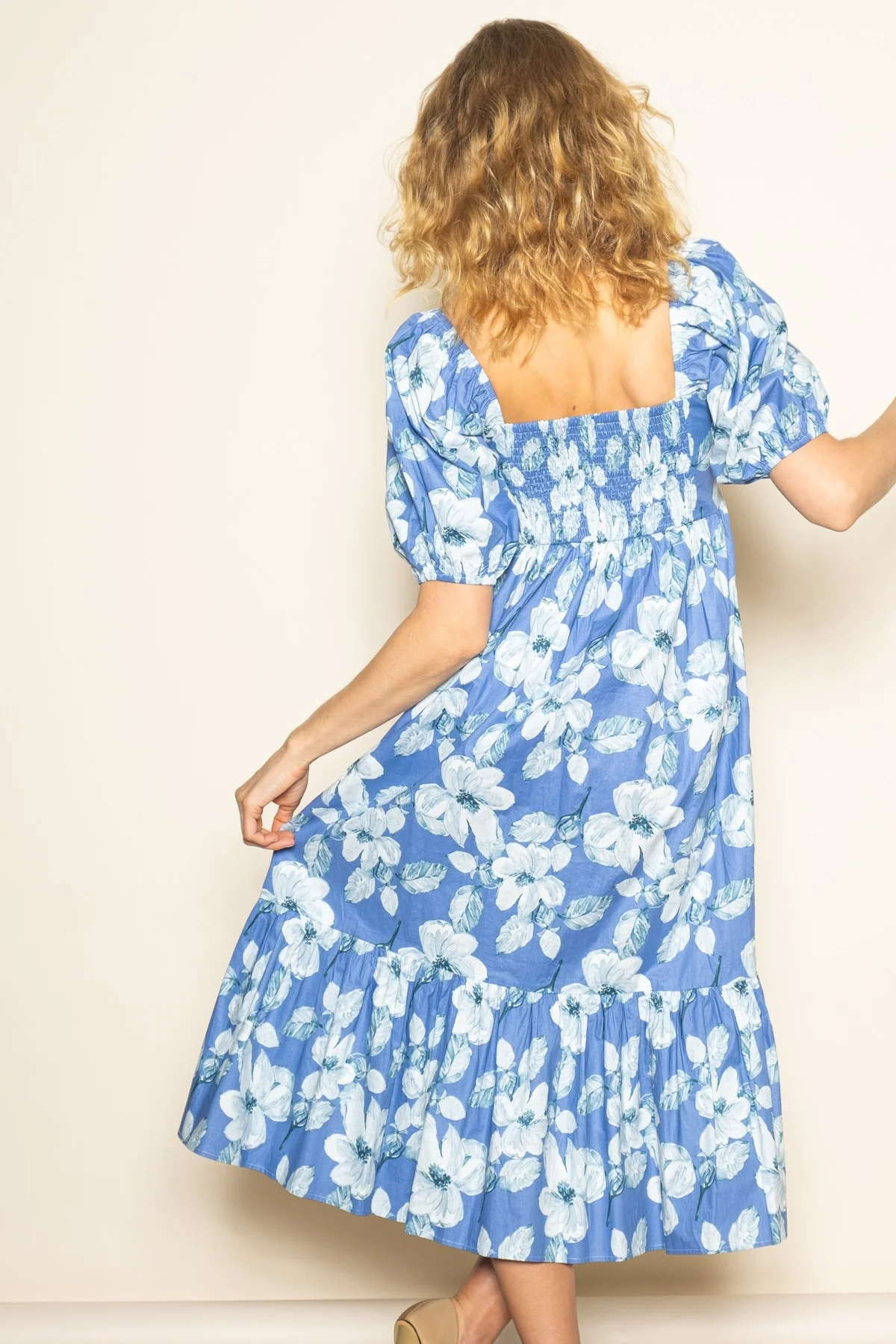 Blue Floral Pleated Bodice Midi Dress - Image 4