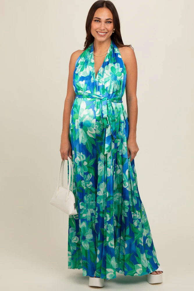 Blue Floral Pleated Halter Maternity Jumpsuit