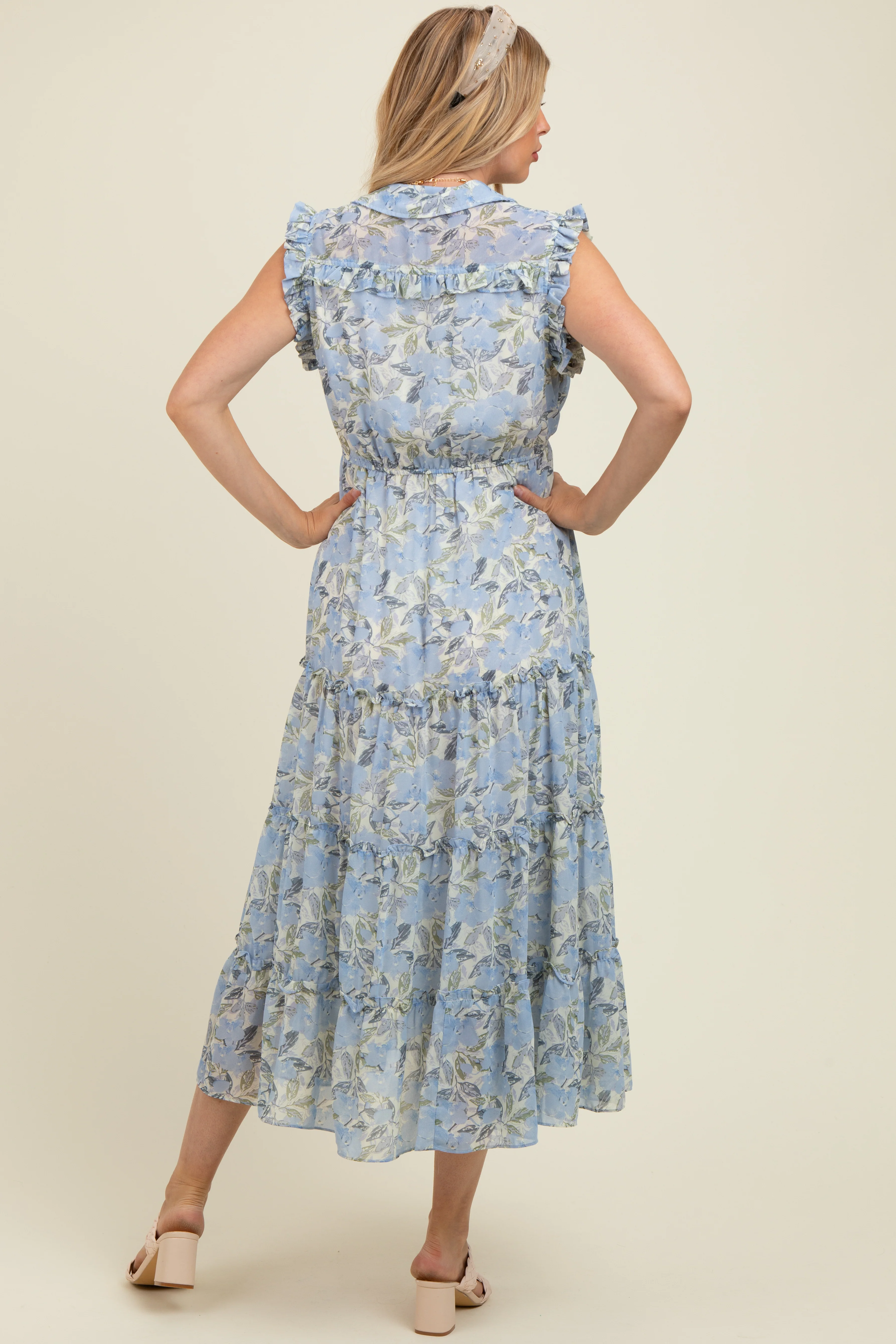 Blue Floral Print Frilled Pocketed Maternity Midi Dress - Image 3