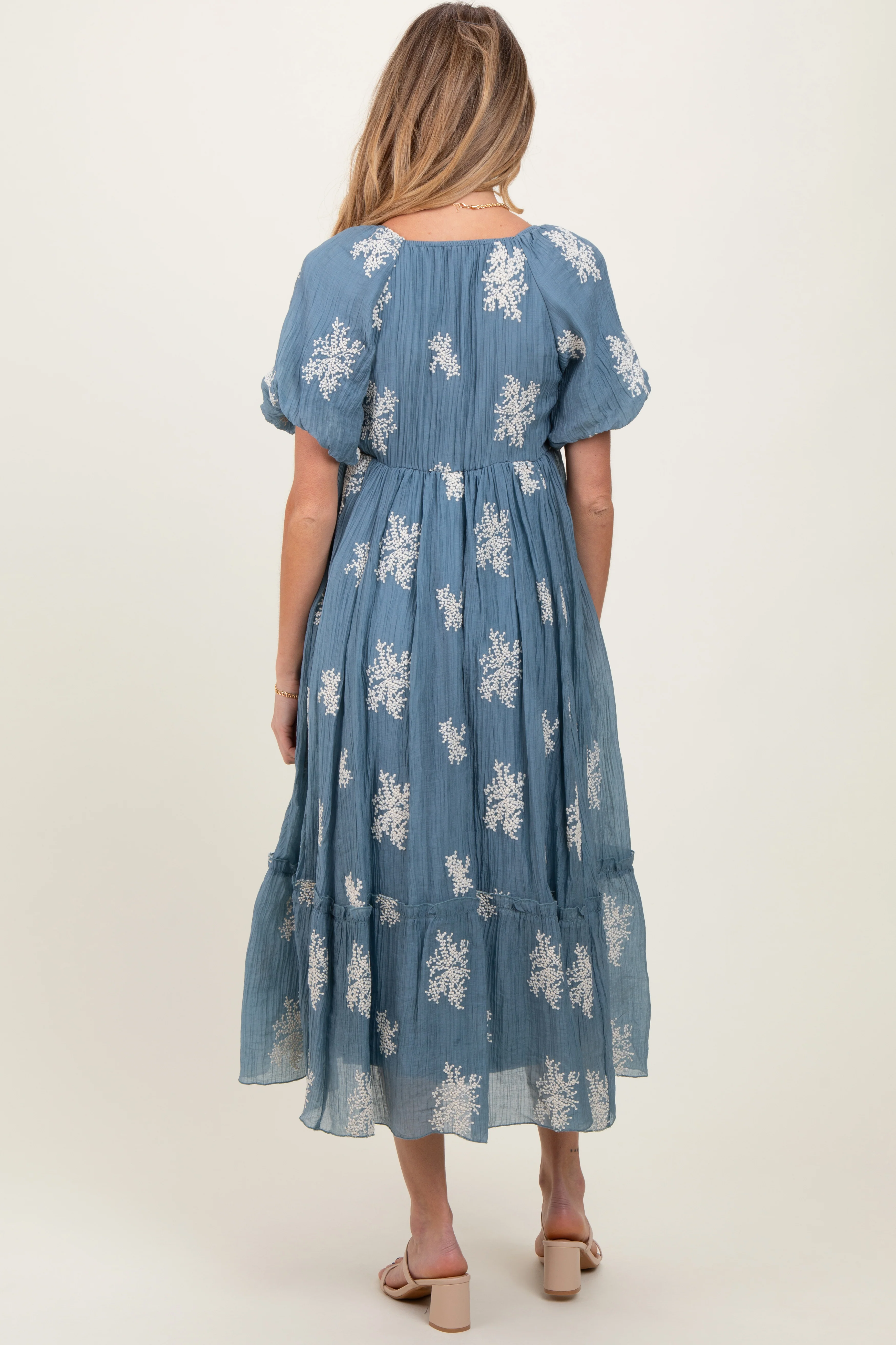 Blue Floral Print Ruffle Hem Maternity Midi Dress - Image 5